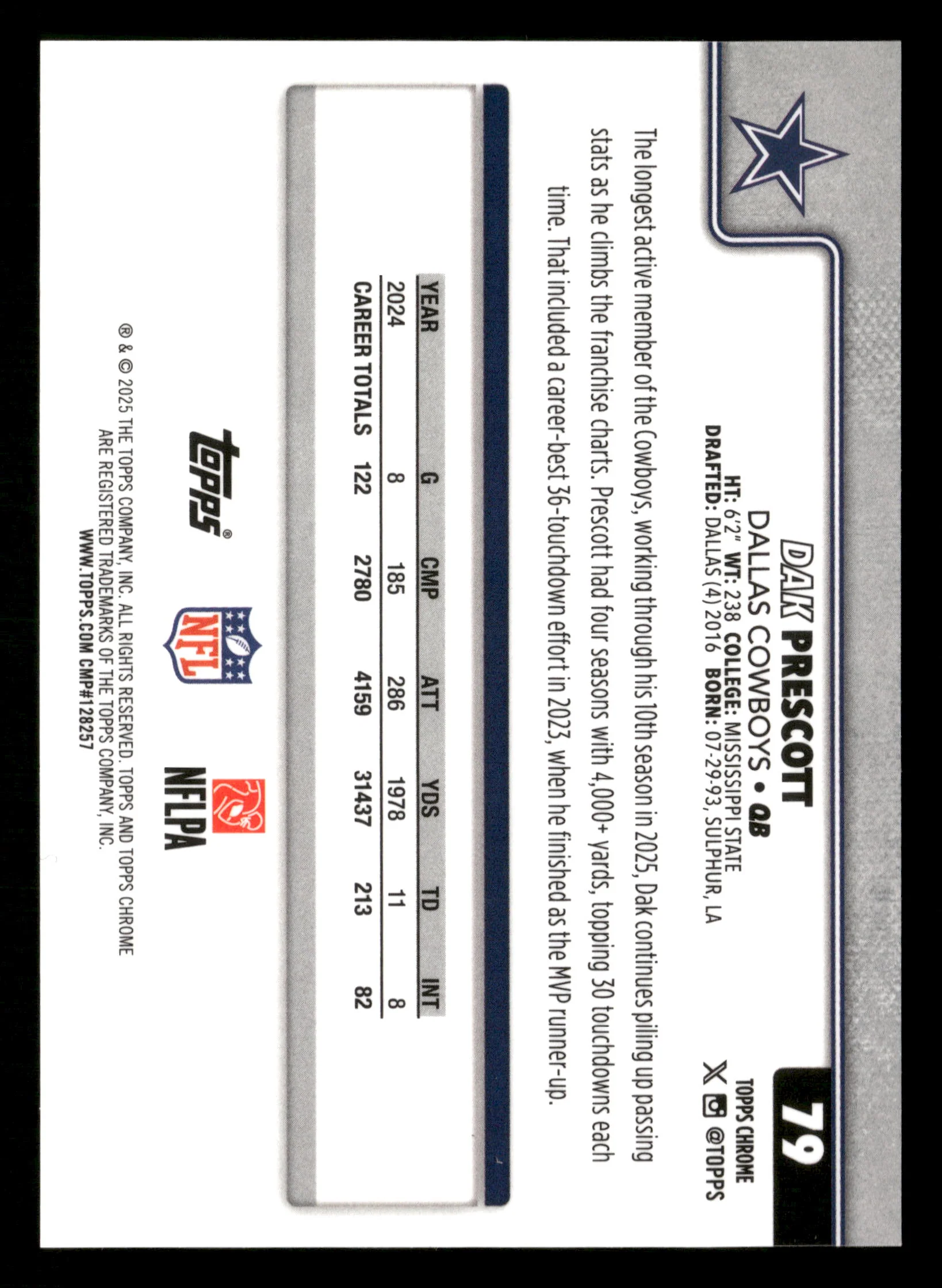 2025 Topps Chrome #79 Dak Prescott Ray Wave Refractor /25 - Image 4