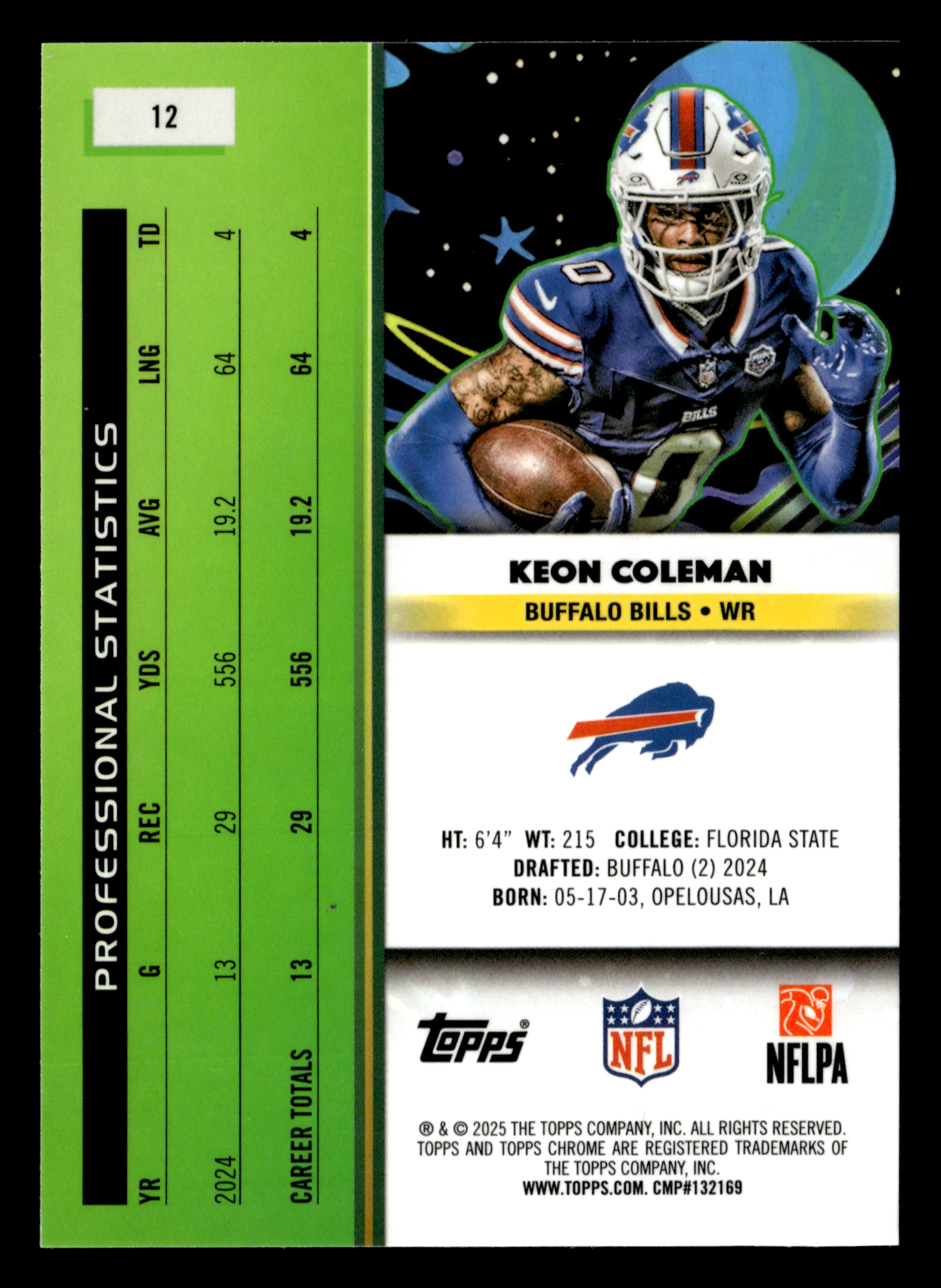 2025 Topps Chrome Cosmic #12 Keon Coleman Aqua Equinox Refractor #/199 - Image 2