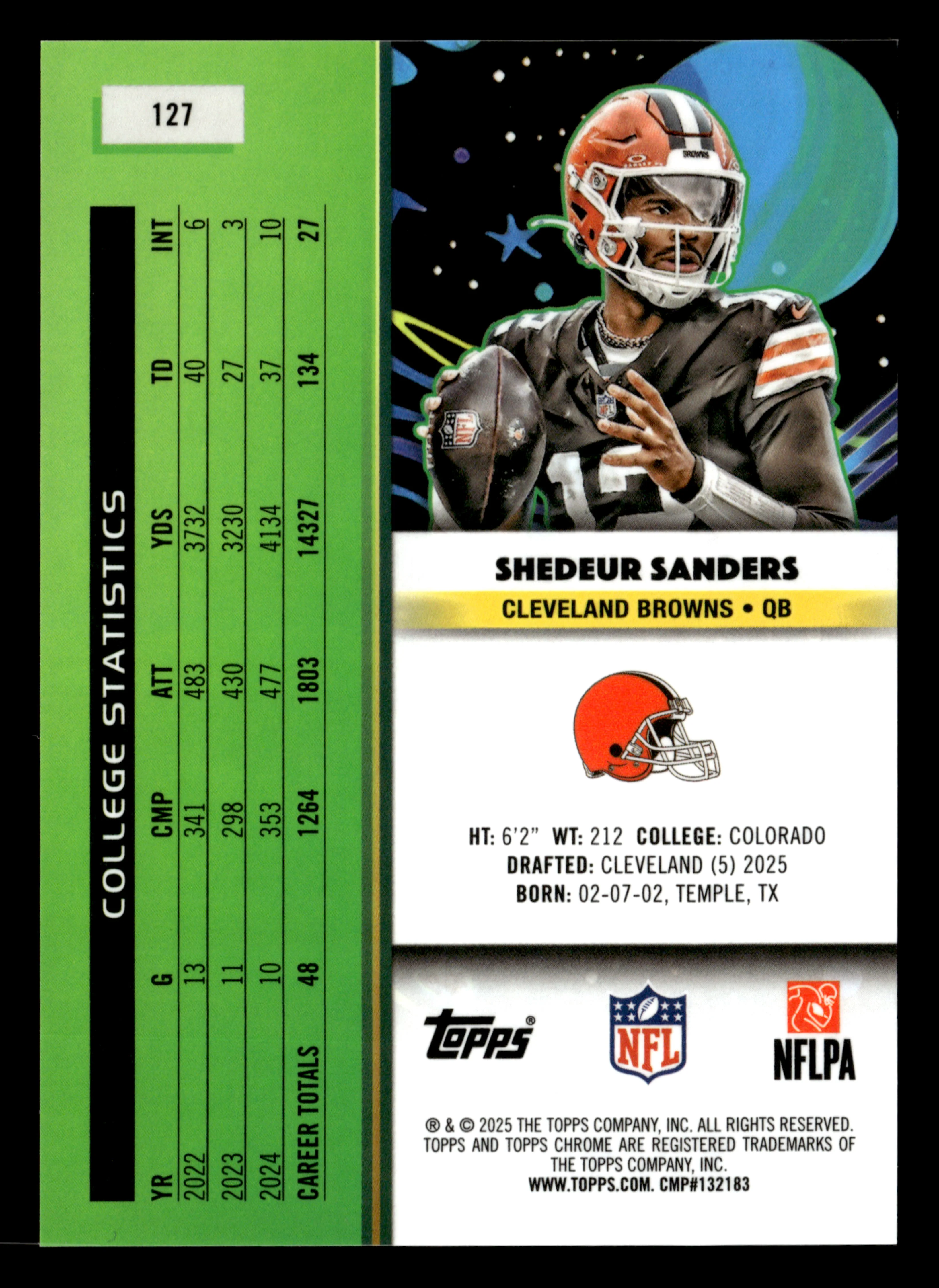 2025 Topps Chrome Cosmic #127 Shedeur Sanders Green Space Dust Refractor #/75 - Image 2