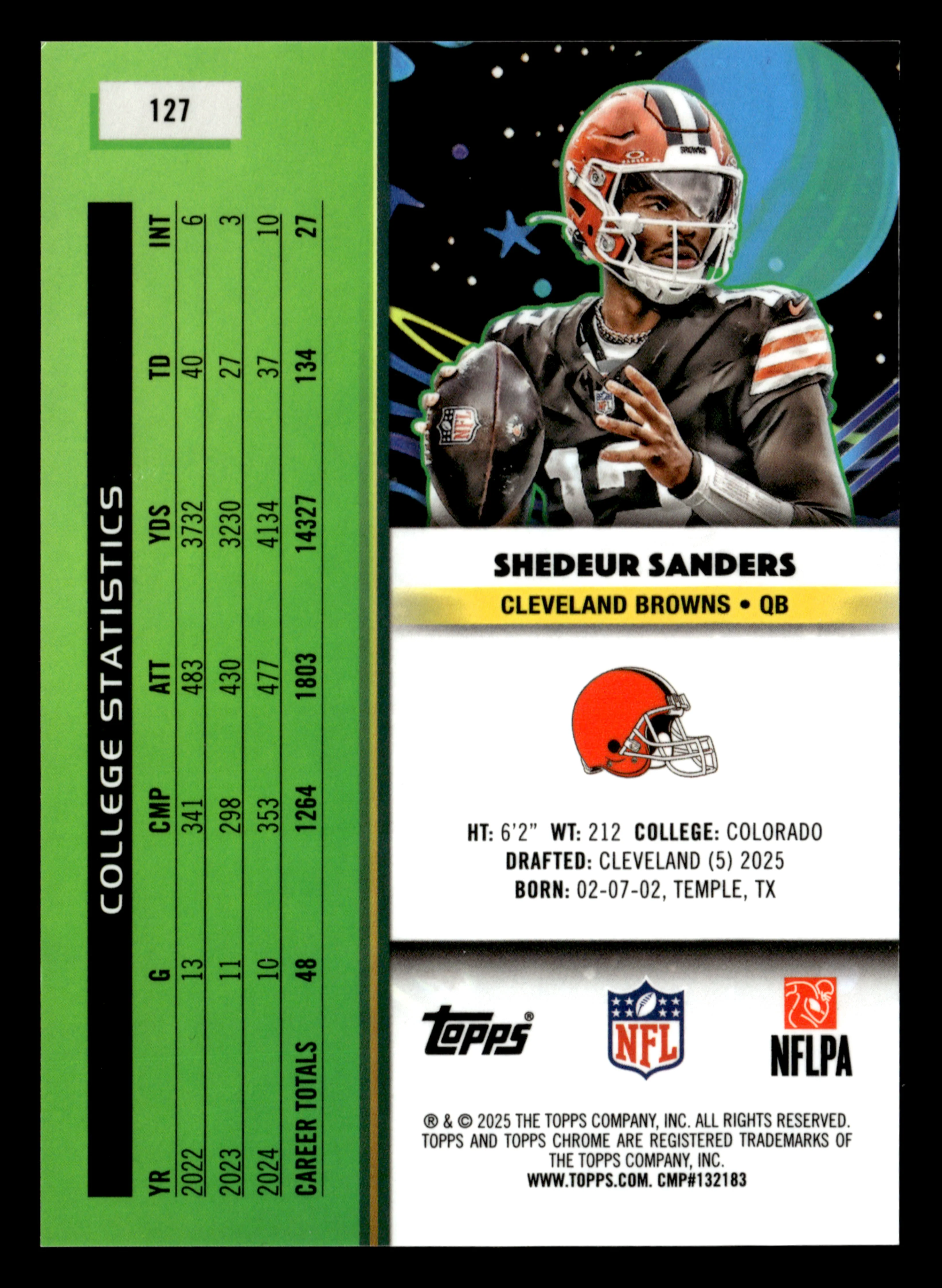 2025 Topps Chrome Cosmic #127 Shedeur Sanders Purple Nebula Refractor #/150 - Image 2