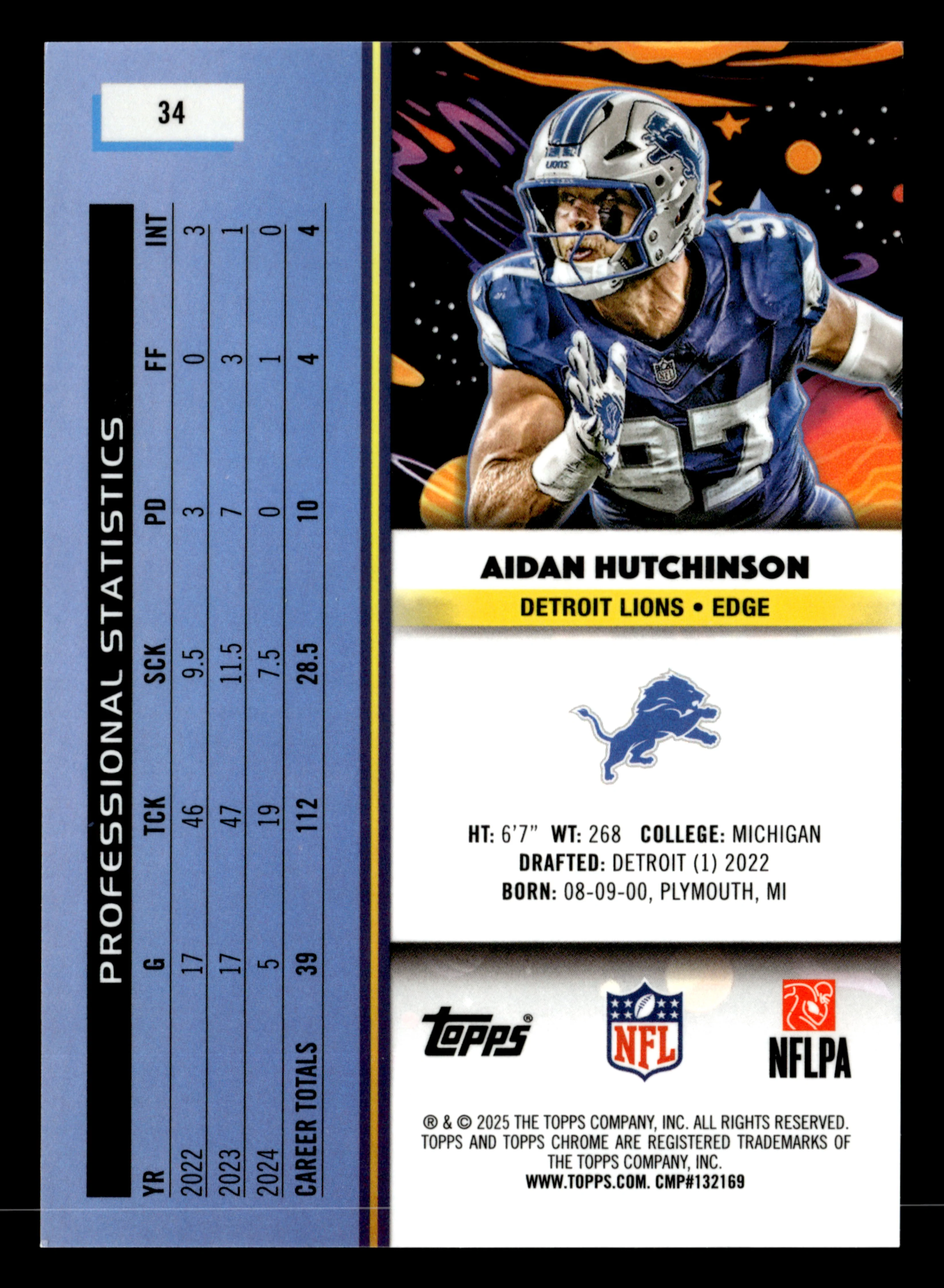 2025 Topps Chrome Cosmic #34 Aidan Hutchinson Purple Nebula Refractor #/150 - Image 2