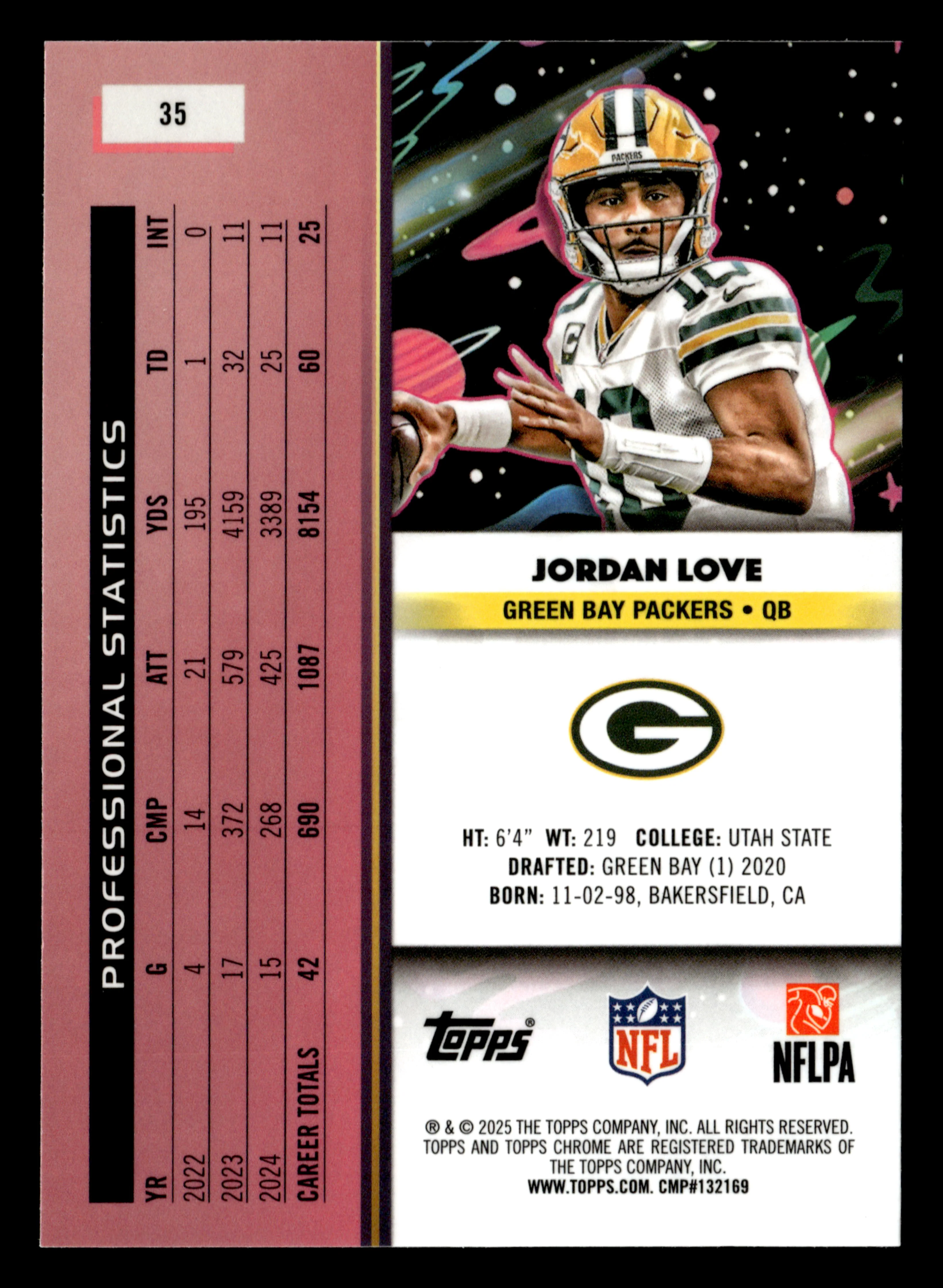 2025 Topps Chrome Cosmic #35 Jordan Love Blue Moon Refractor #/99 - Image 2