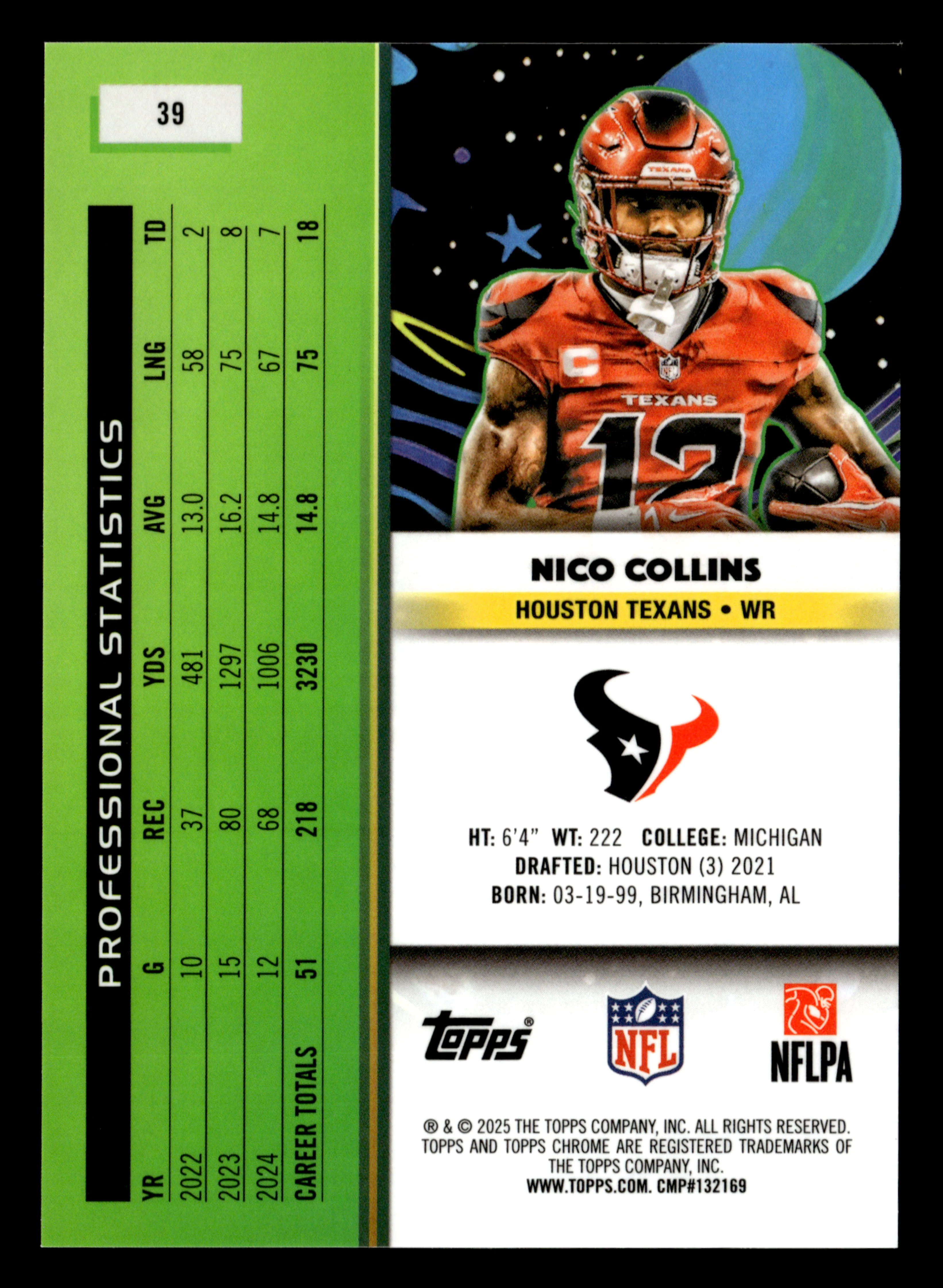 2025 Topps Chrome Cosmic #39 Nico Collins Green Space Dust Refractor #/75 - Image 2