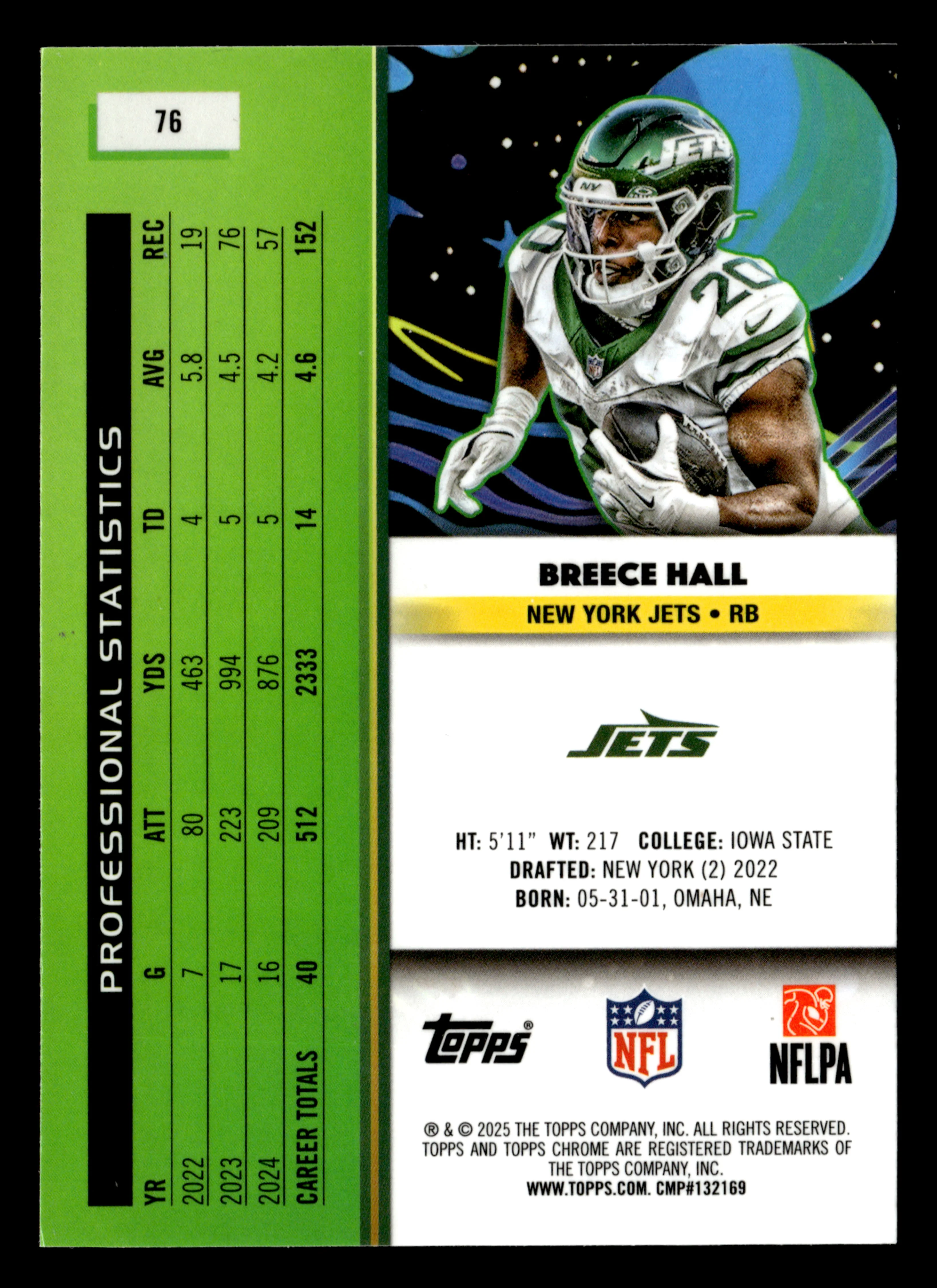 2025 Topps Chrome Cosmic #76 Breece Hall White Hole Refractor - Image 2