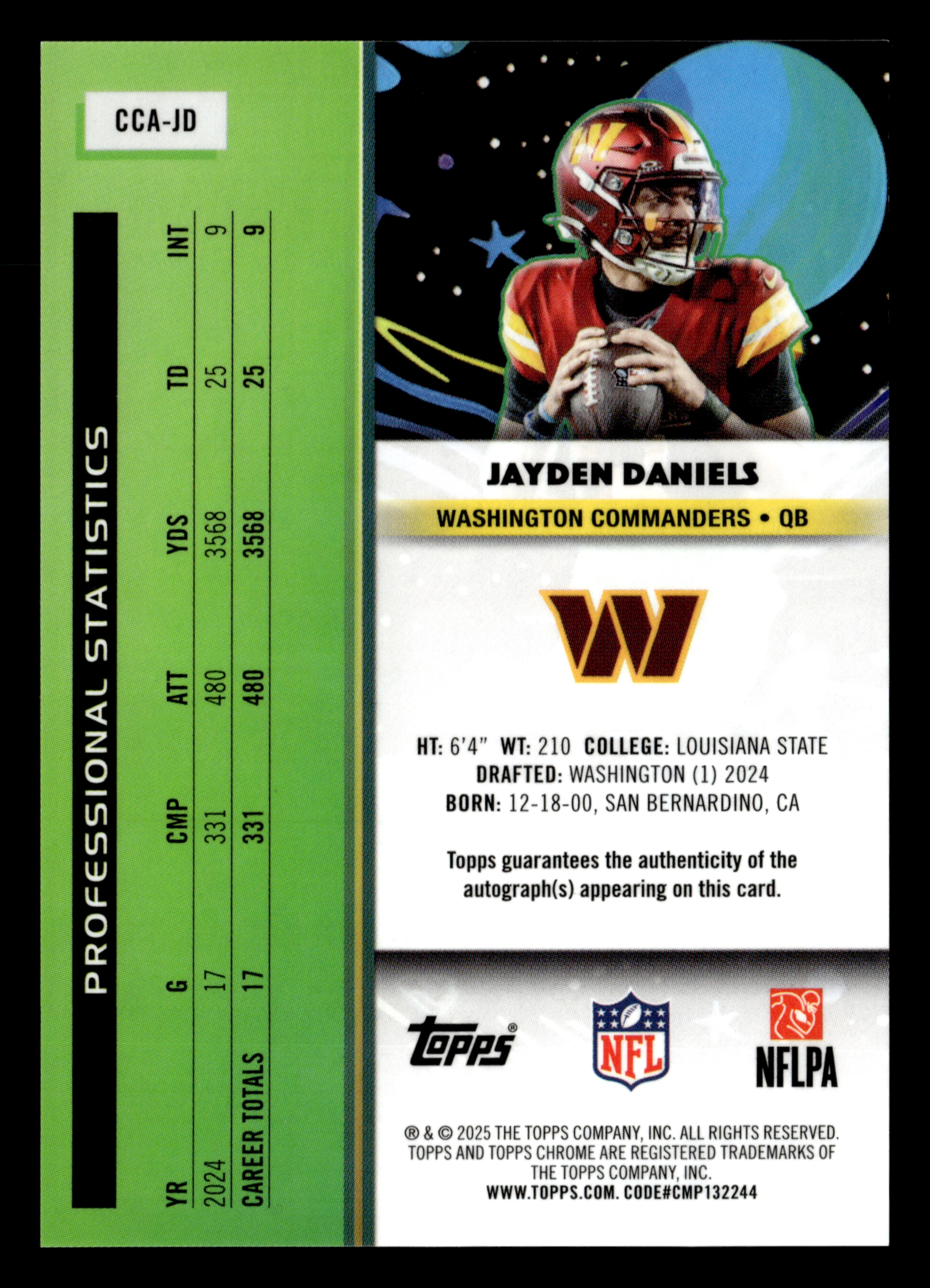 2025 Topps Chrome Cosmic #CCA-JD Jayden Daniels Cosmic Chrome Auto Refractor - Image 2