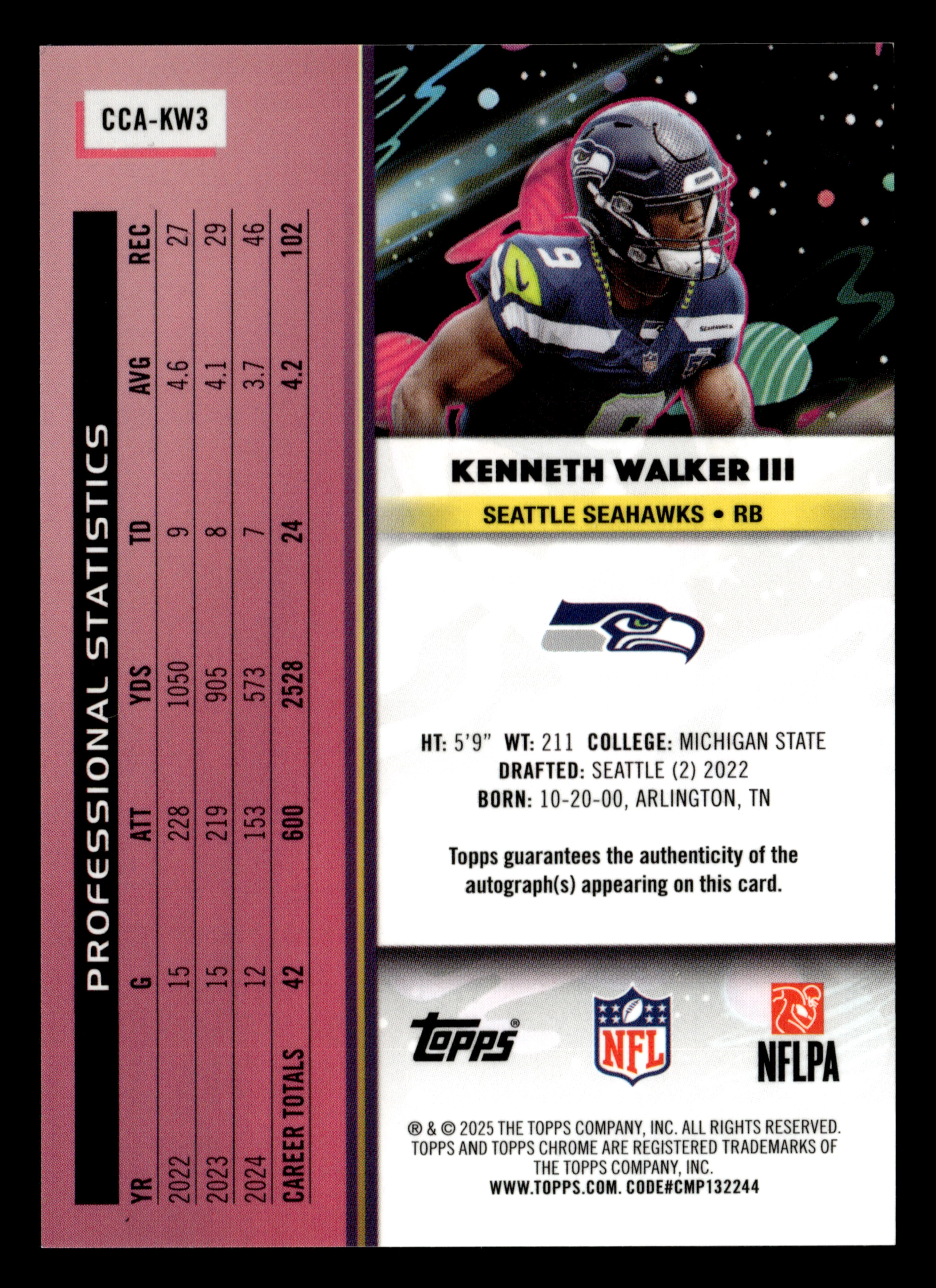 2025 Topps Chrome Cosmic #CCA-KW3 Kenneth Walker III Auto Gold Refractor #/50 - Image 2