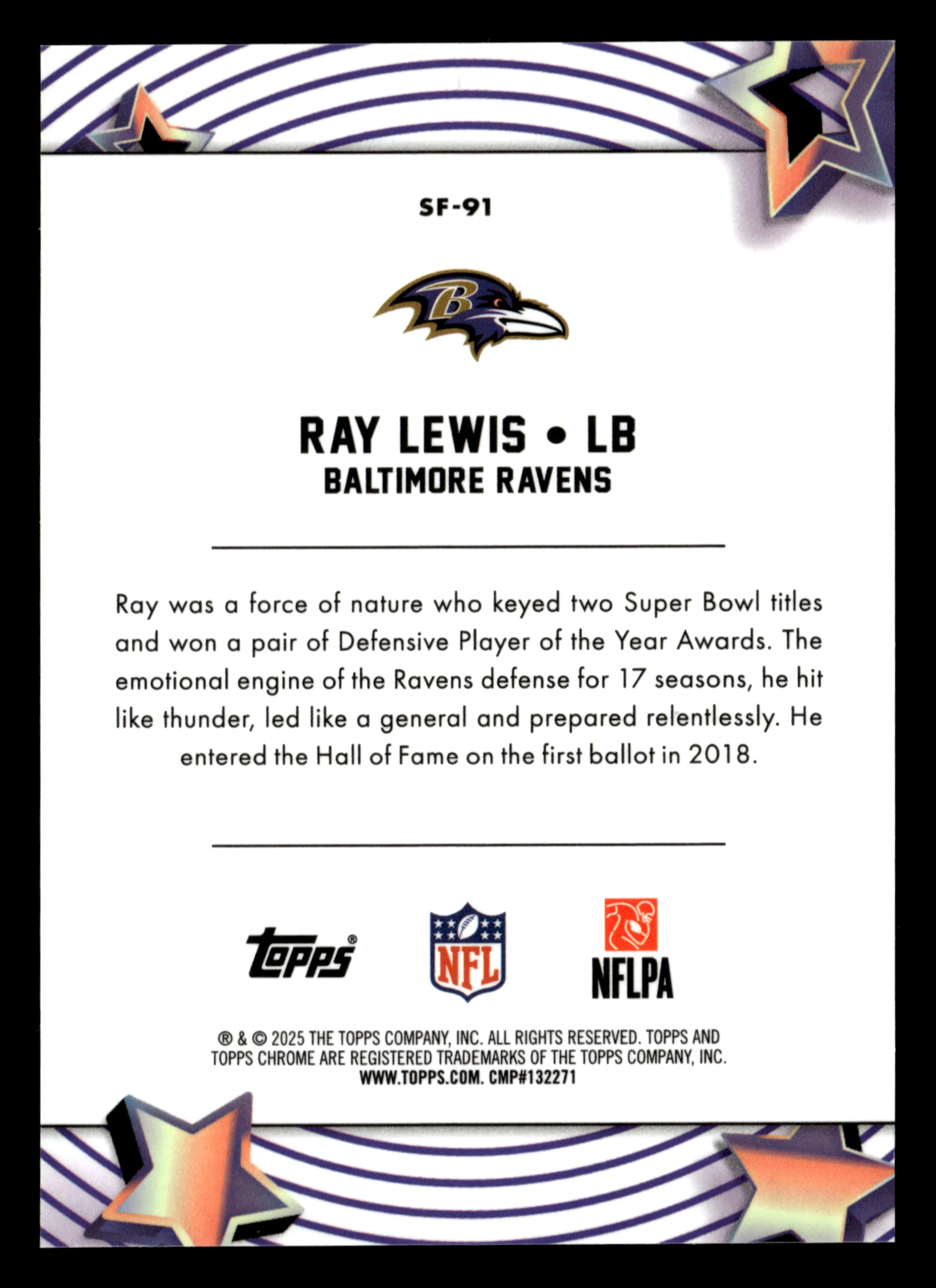 2025 Topps Chrome Cosmic #SF-91 Ray Lewis Starfractor Orange #/25 - Image 2