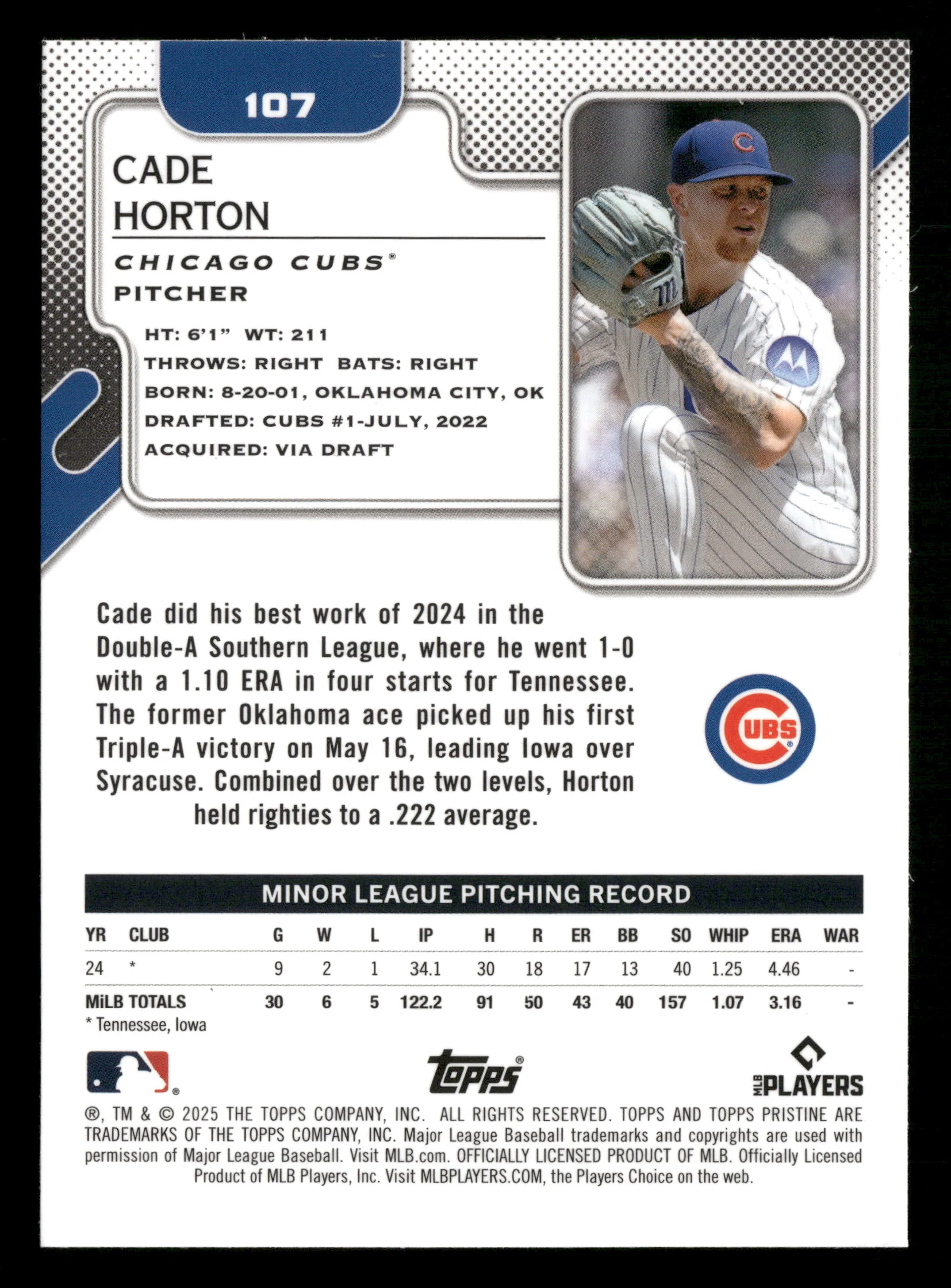 2025 Topps Pristine #107 Cade Horton Pristine Blue Refractors #/75 - Image 2