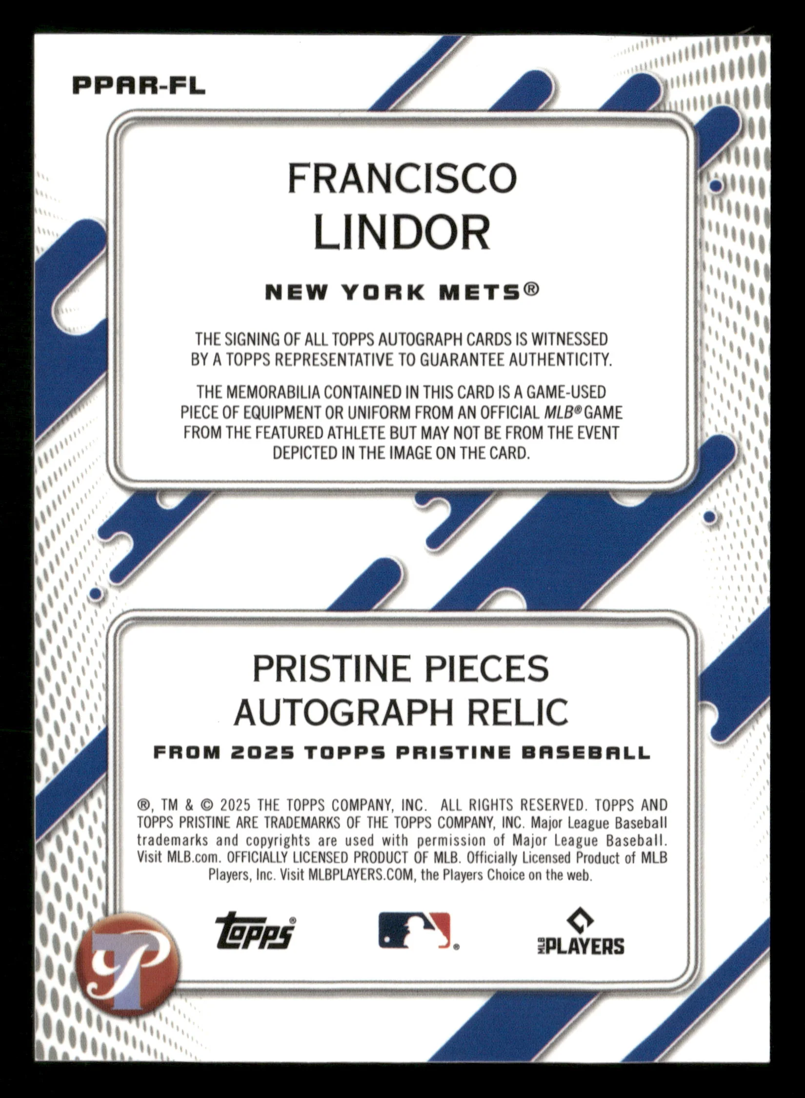2025 Topps Pristine #PPAR-FL Francisco Lindor Pristine Pieces Autographs Relics - Image 2