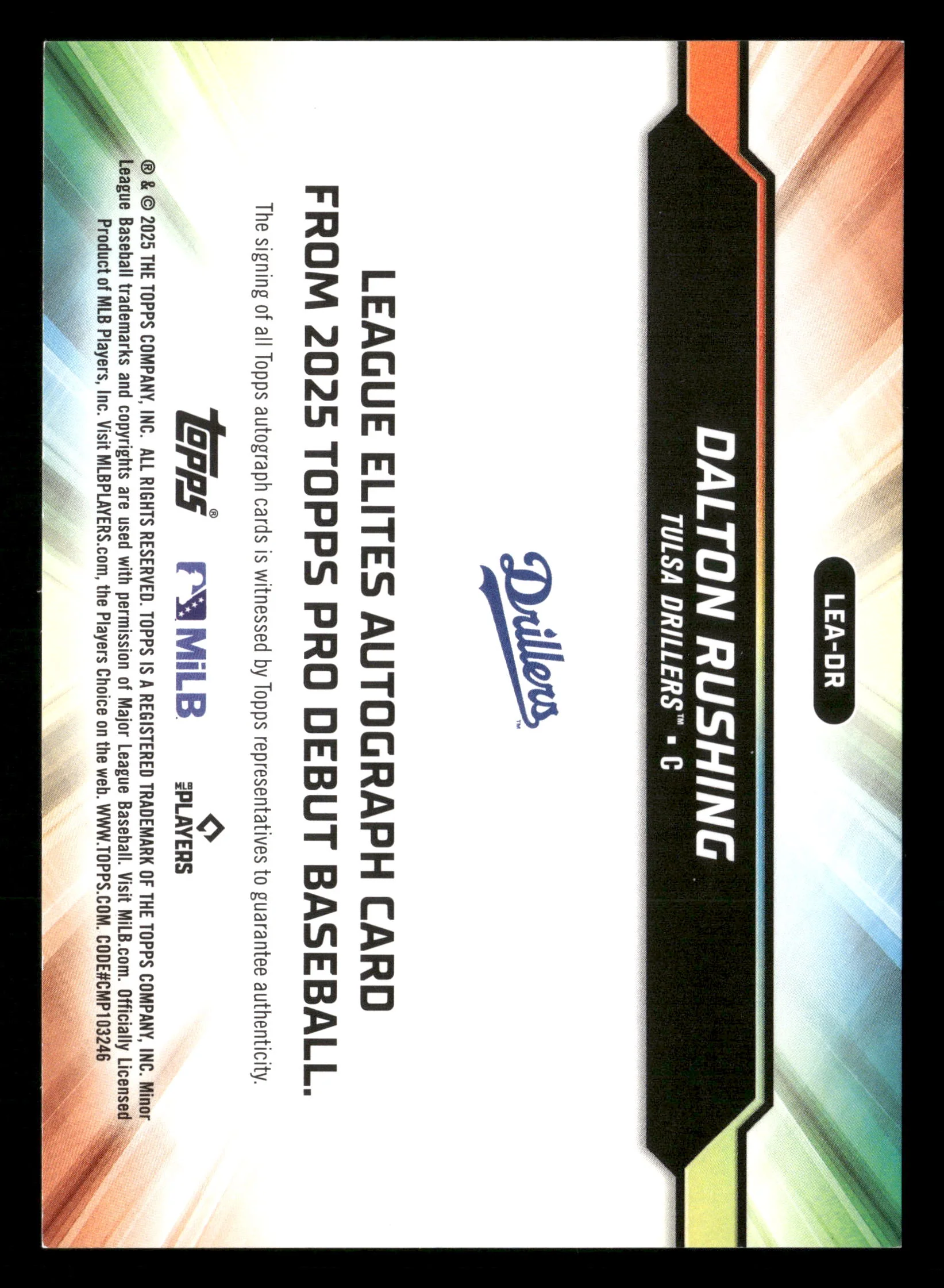 2025 Topps Pro Debut #LEA-DR Dalton Rushing League Elites Autographs #/50 - Image 2