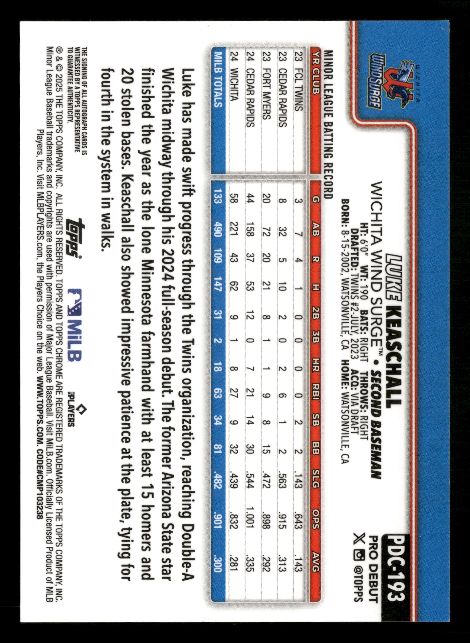 2025 Topps Pro Debut #PDC-193 Luke Keaschall Chrome Auto Green Refractor #/99 - Image 2