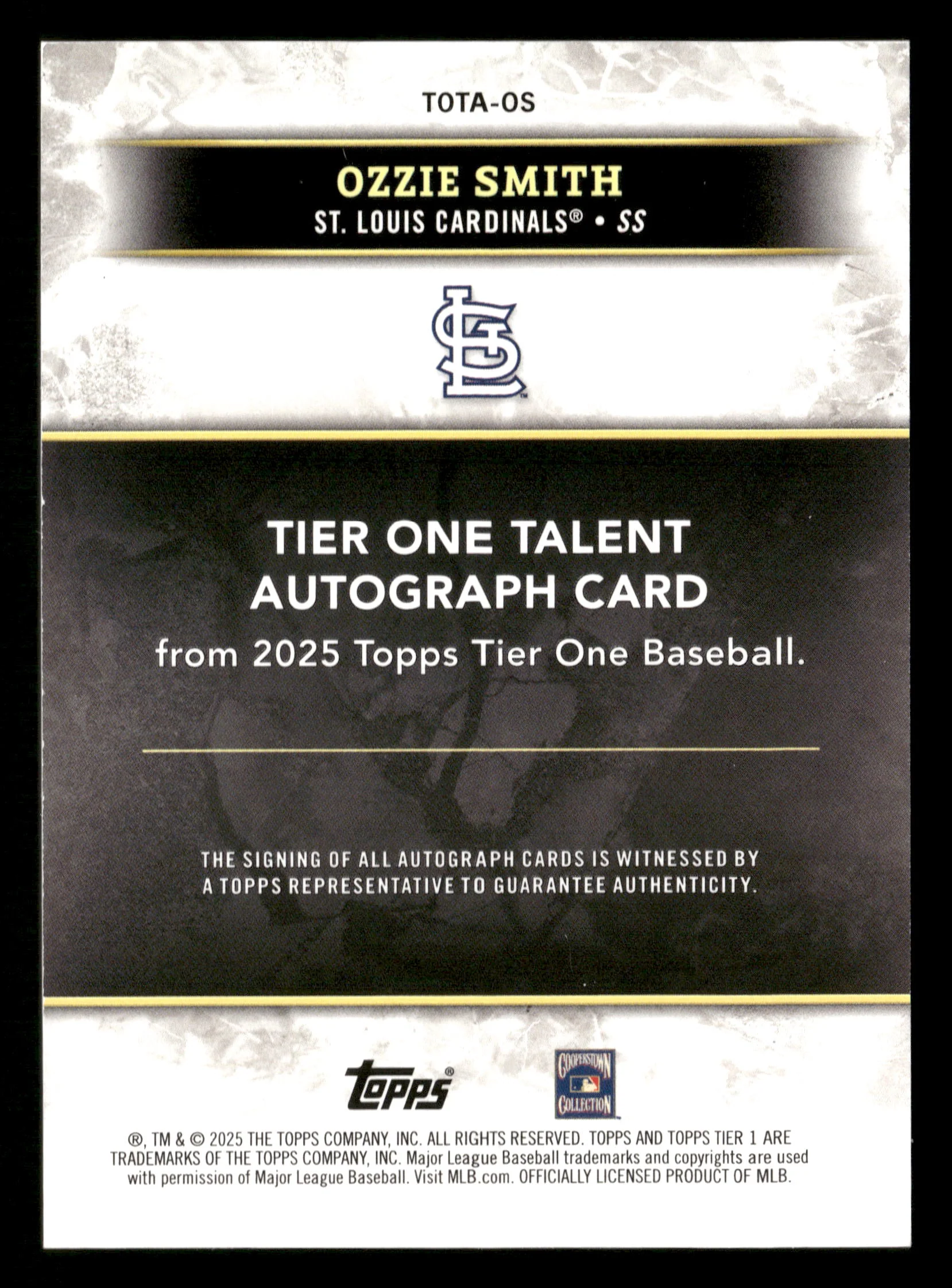 2025 Topps Tier One #TOTA-OS Ozzie Smith Tier One Talent Auto Red Foil #/25 - Image 2