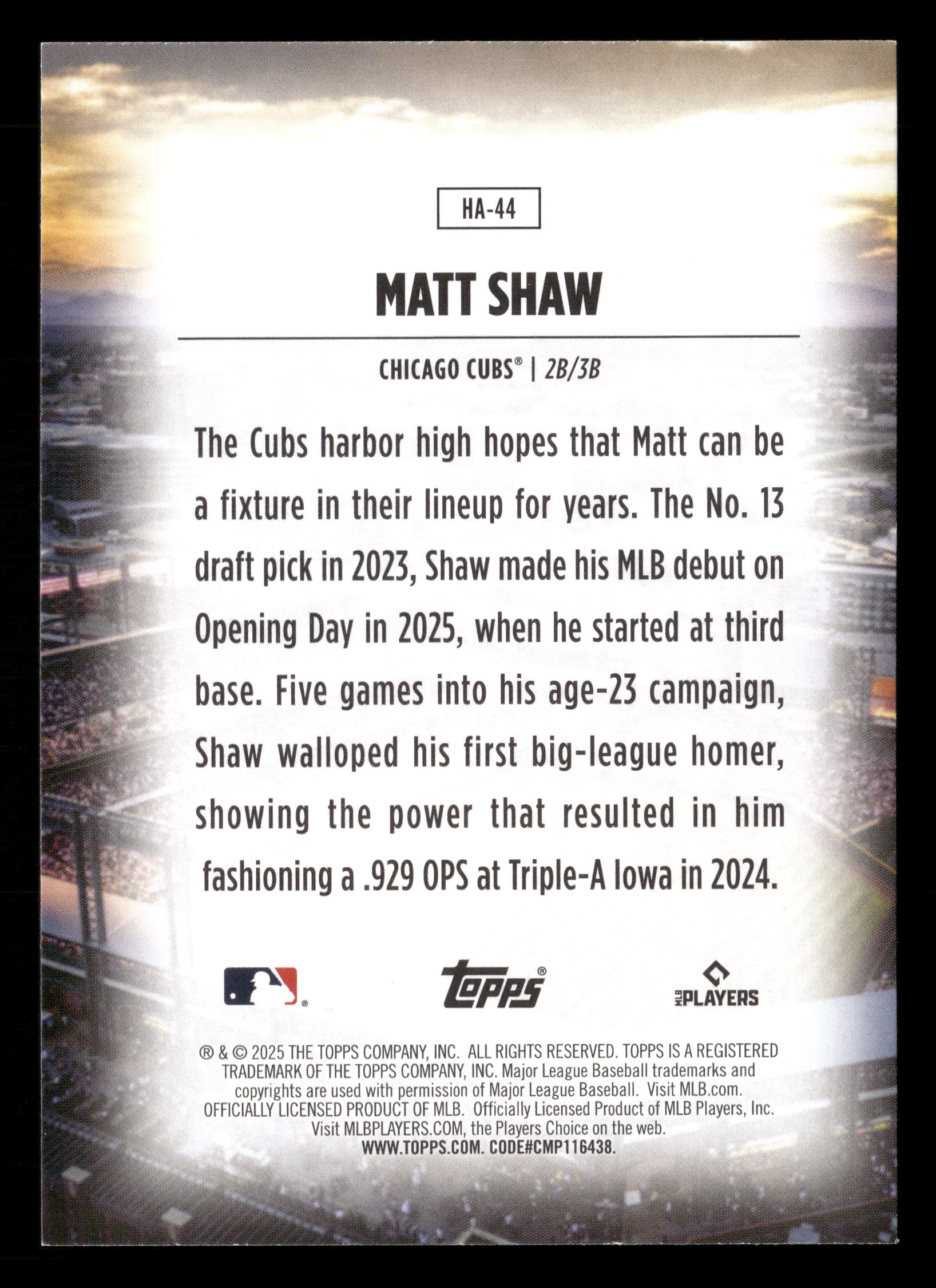 2025 Topps Update #HA-44 Matt Shaw Homefield Advantage - Image 2