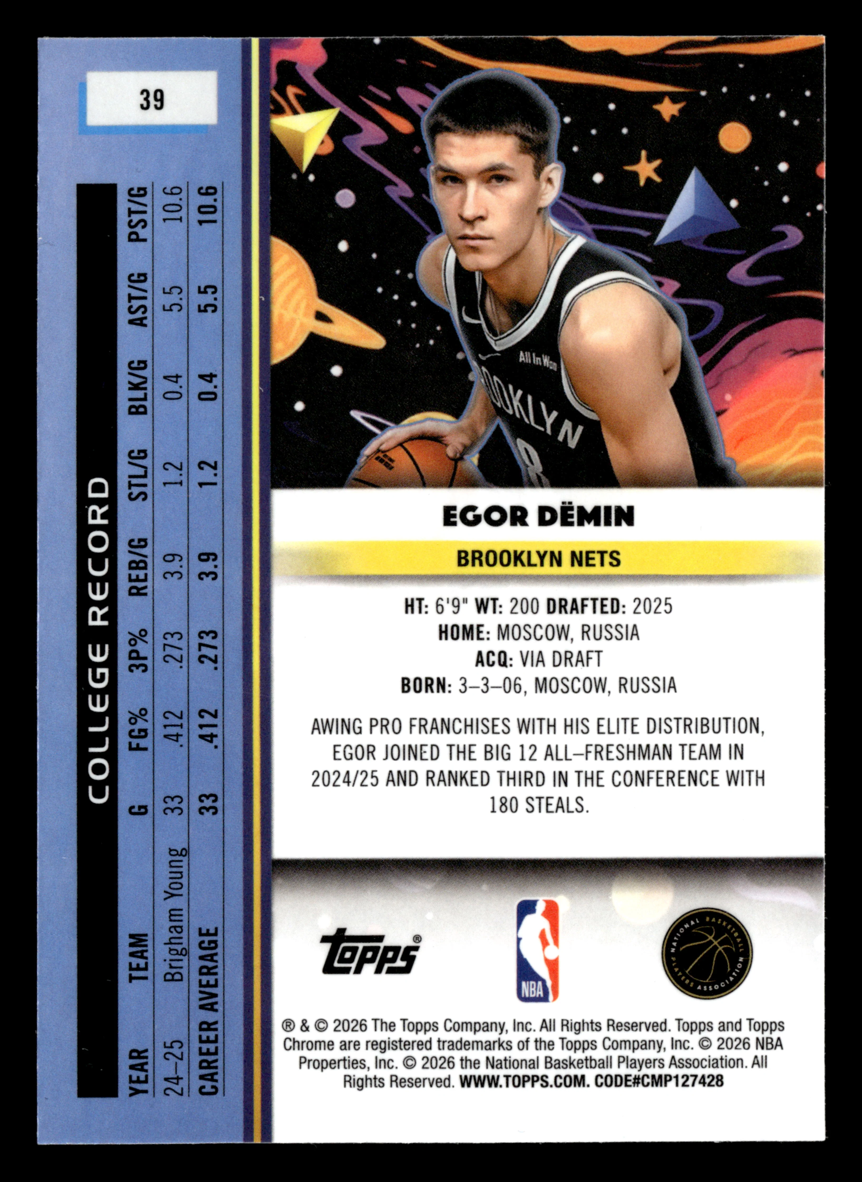 2025/26 Topps Chrome Cosmic #39 Egor Demin Rookie - Image 2