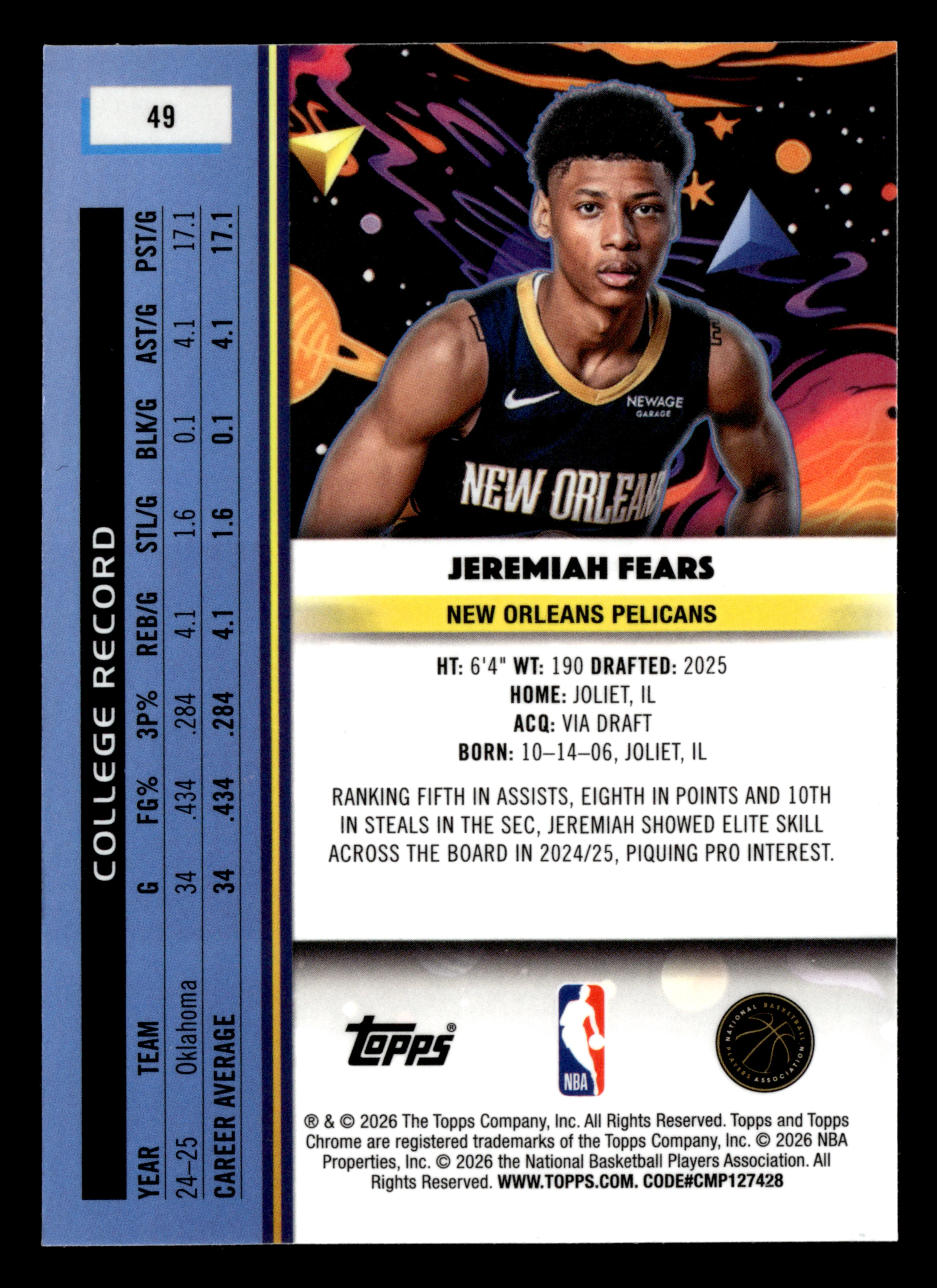 2025/26 Topps Chrome Cosmic #49 Jeremiah Fears Rookie - Image 2