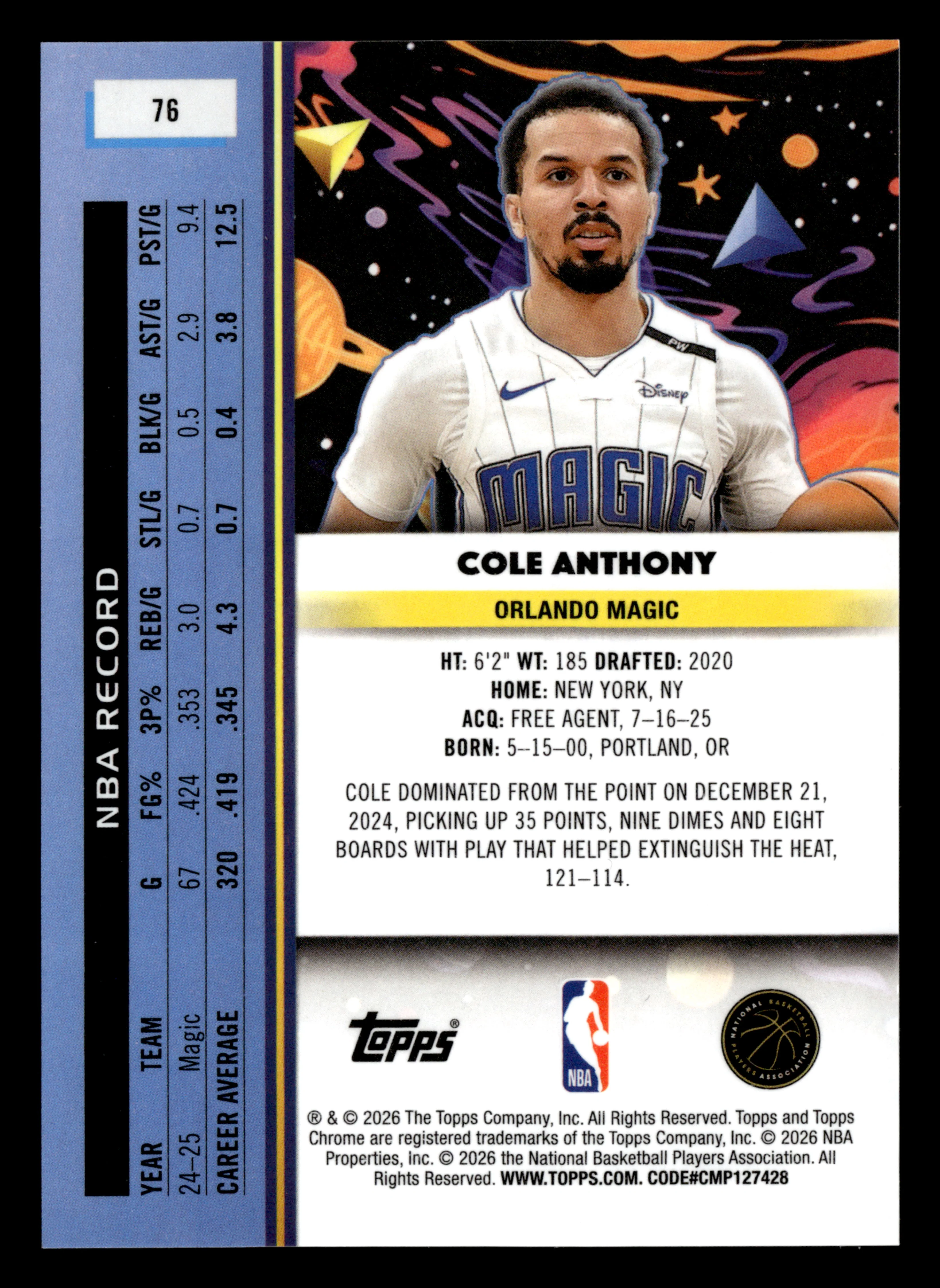 2025/26 Topps Chrome Cosmic #76 Cole Anthony Orange /25 - Image 2