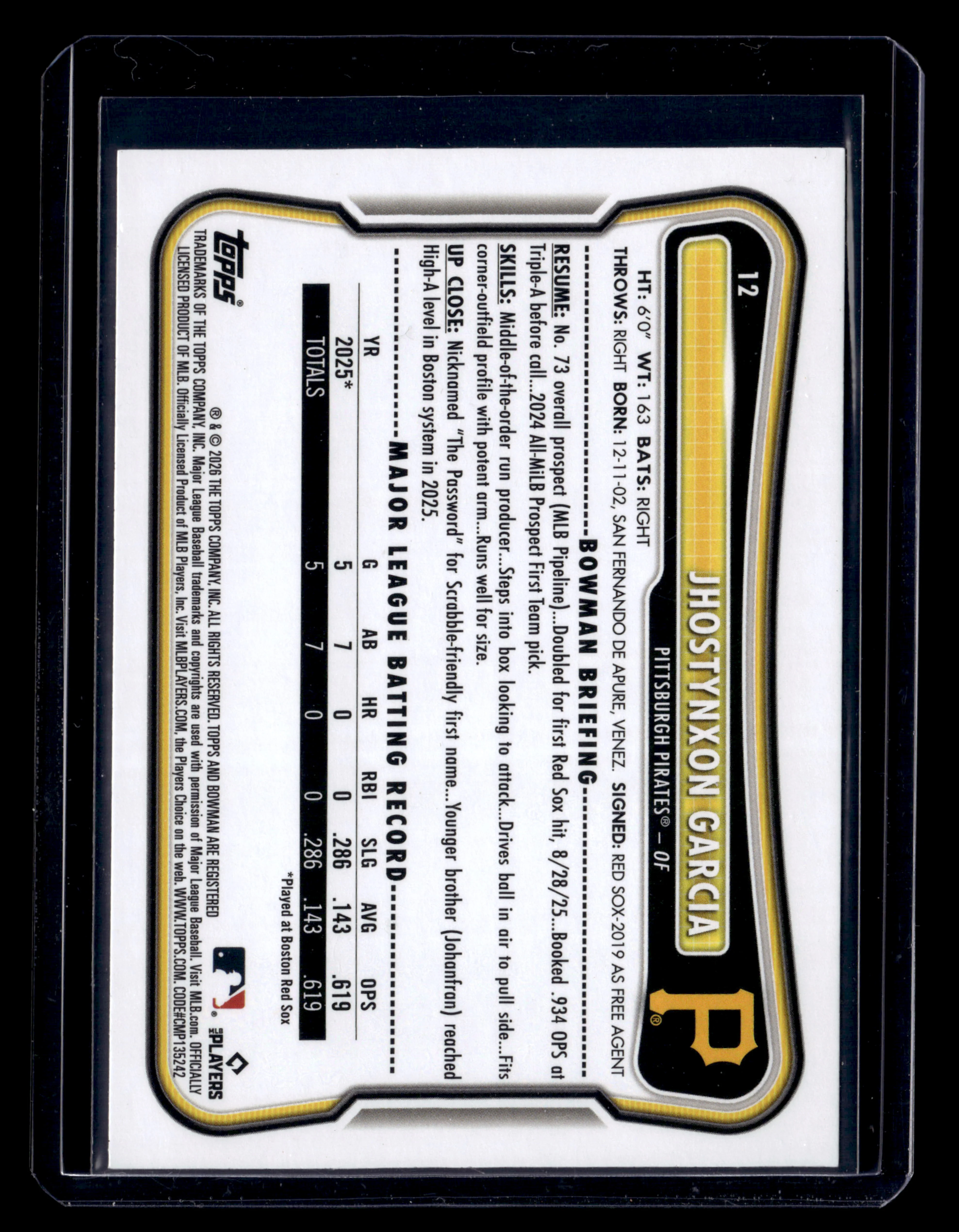 2026 Bowman #12 Jhostynxon Garcia Fuchsia #/299 - Image 2