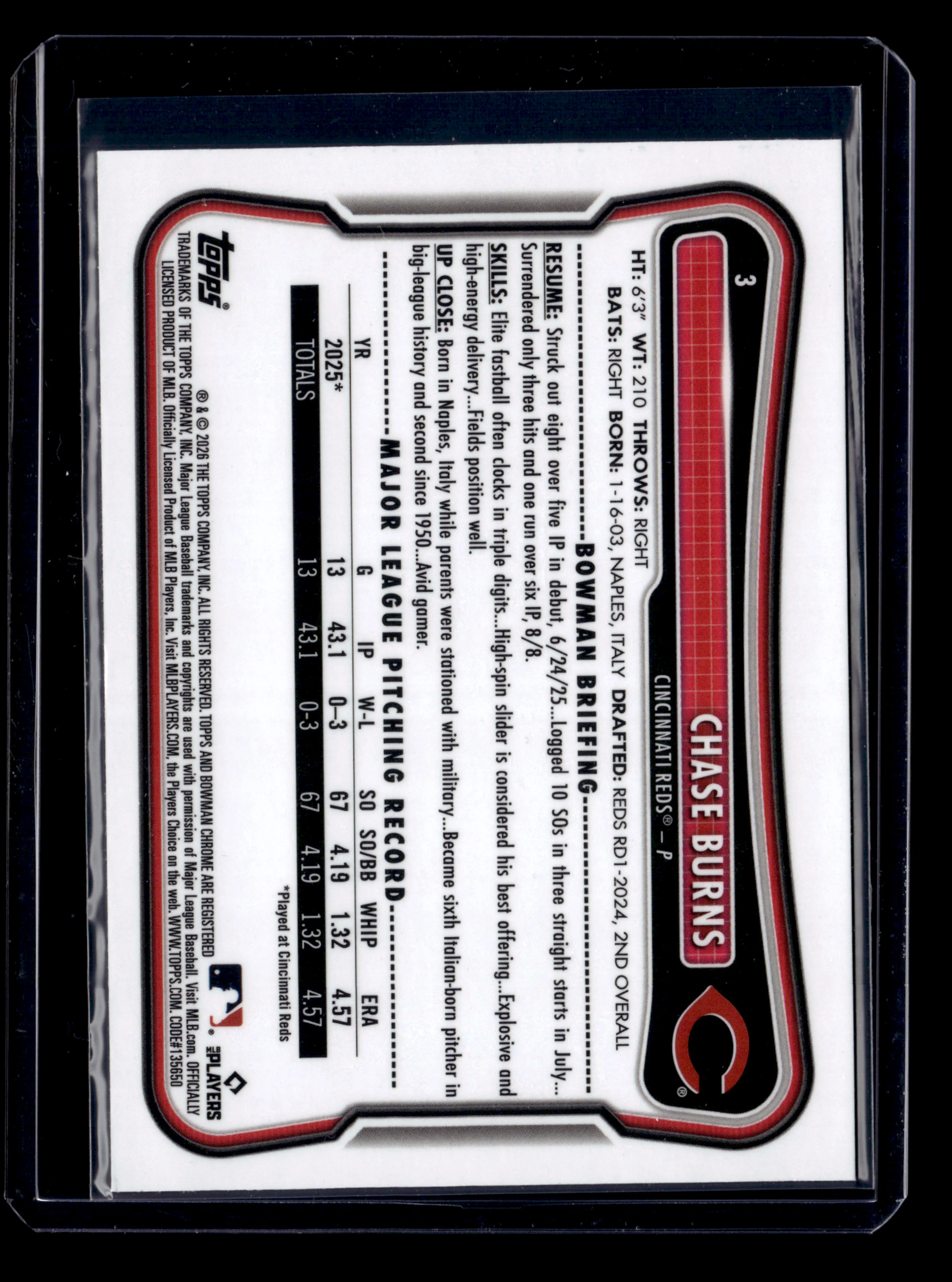 2026 Bowman #3 Chase Burns Rookie Red RC Logo - Image 2