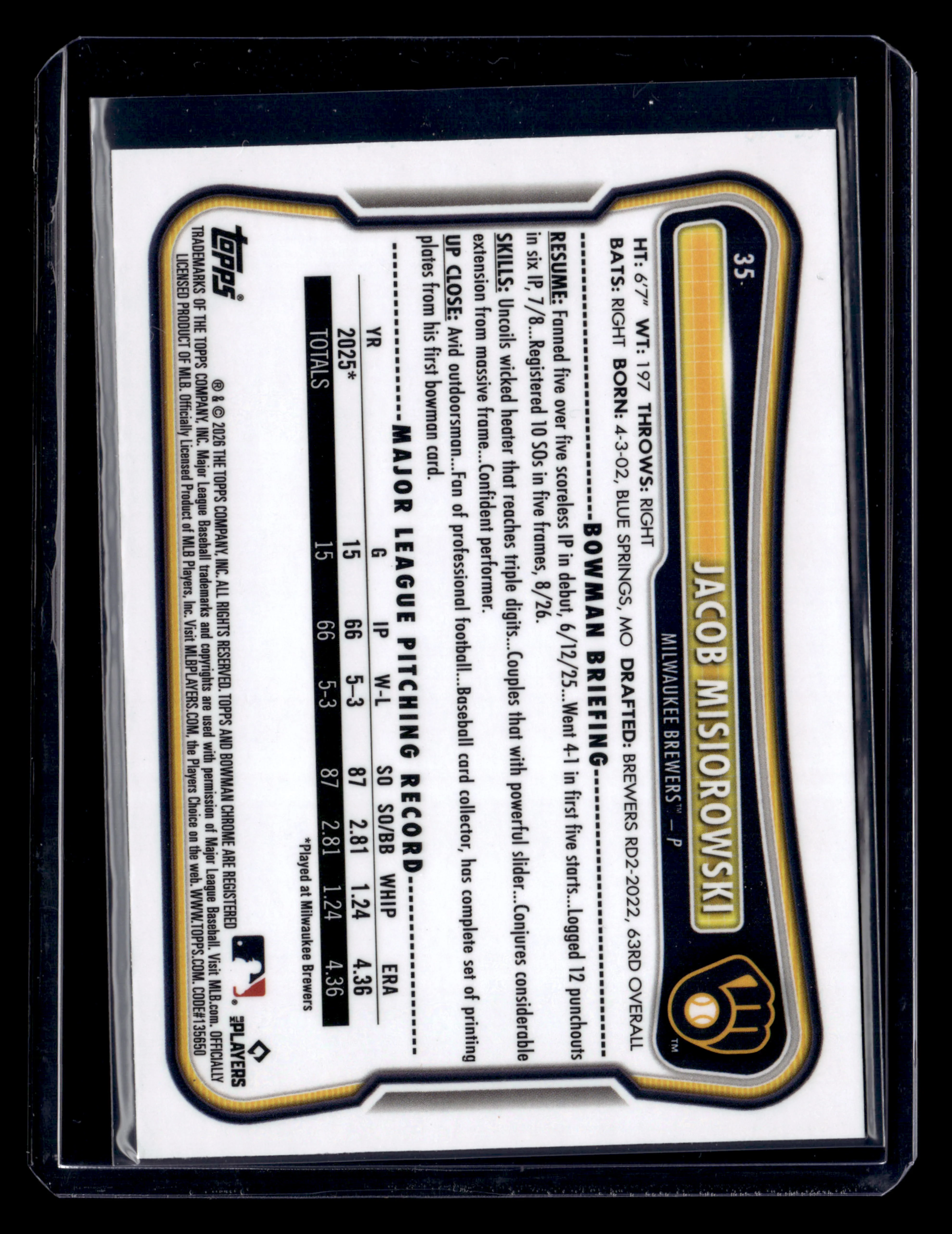 2026 Bowman #35 Jacob Misiorowski Rookie Red RC Logo - Image 2