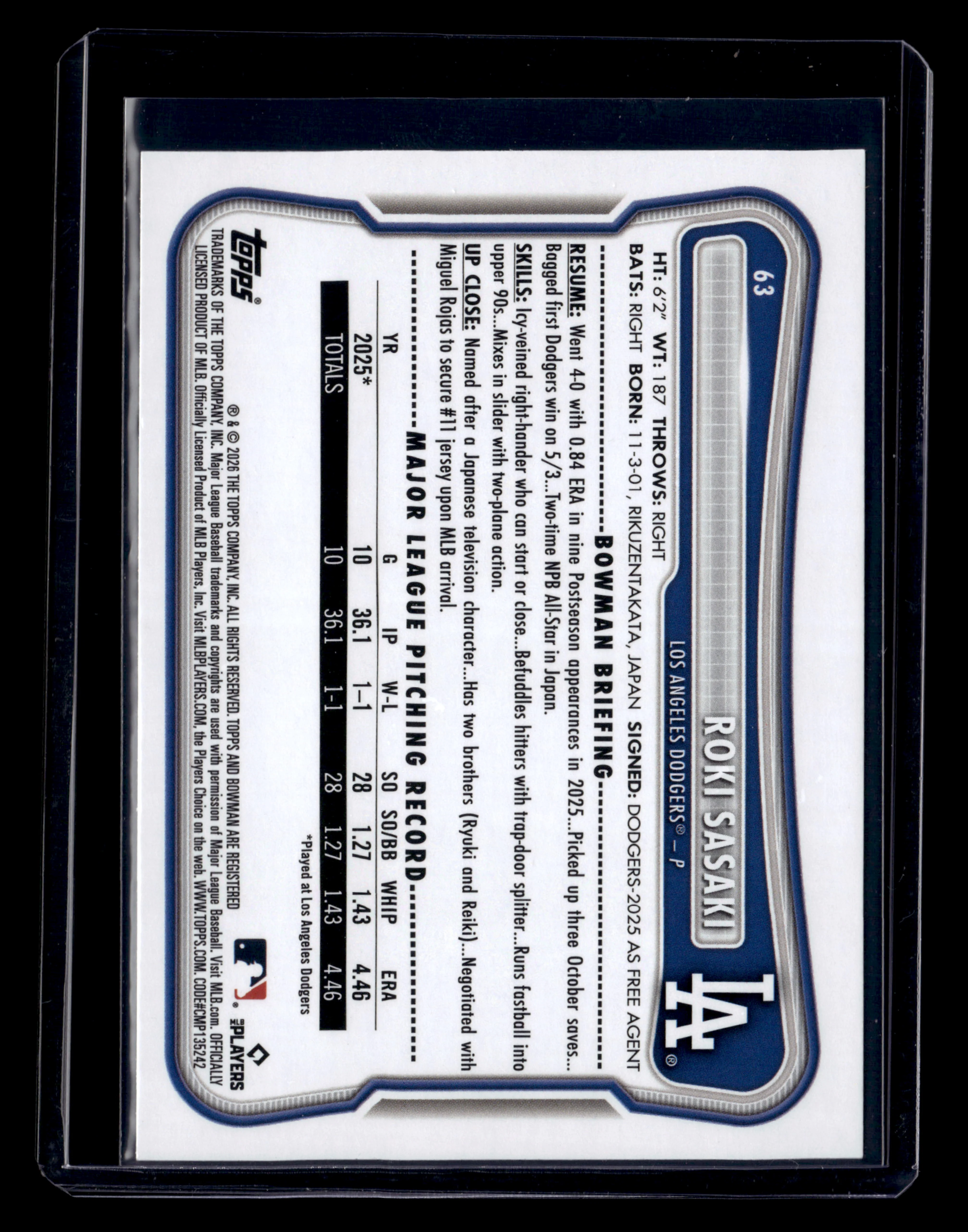 2026 Bowman #63 Roki Sasaki Blue Pattern #/150 - Image 2