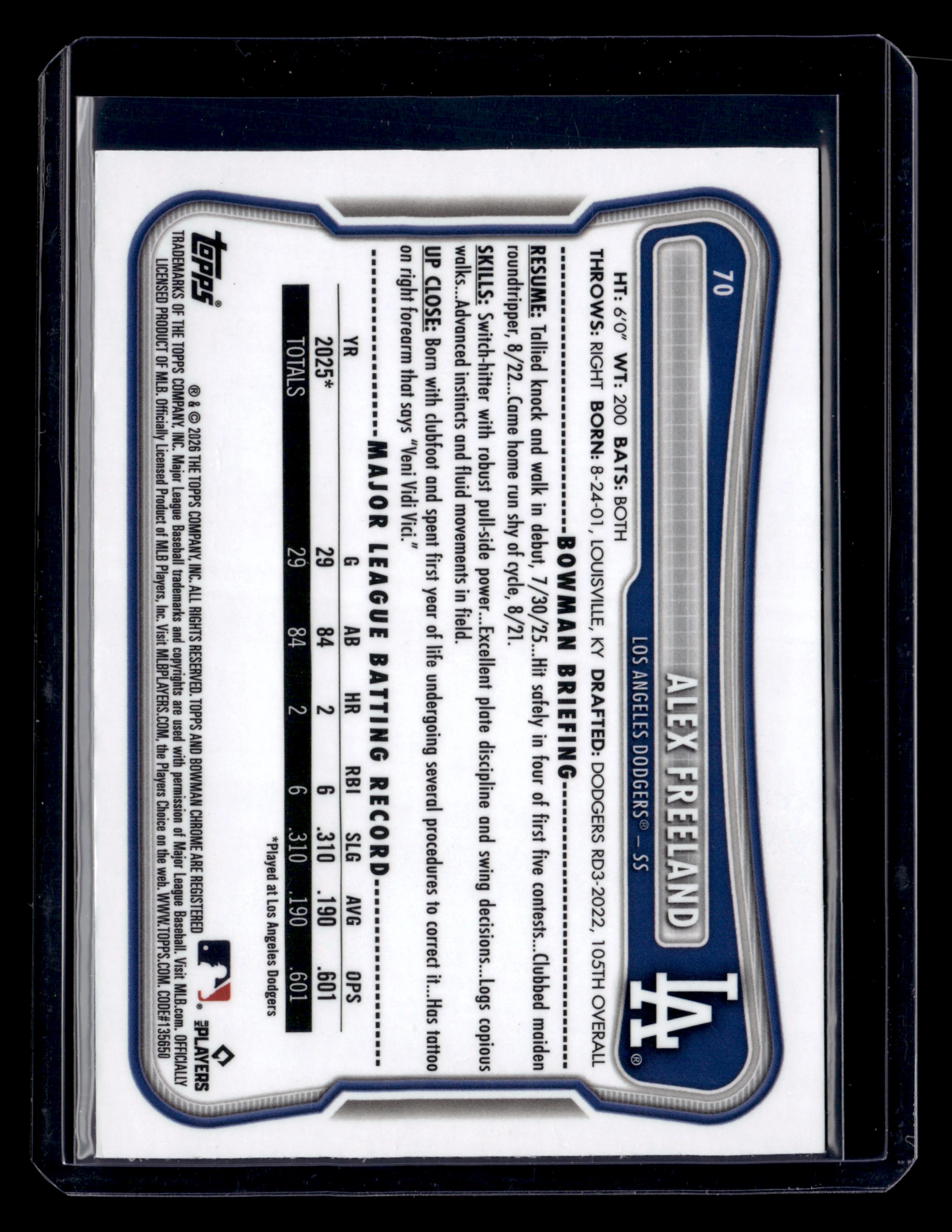 2026 Bowman #70 Alex Freeland Rookie Red RC Logo - Image 2
