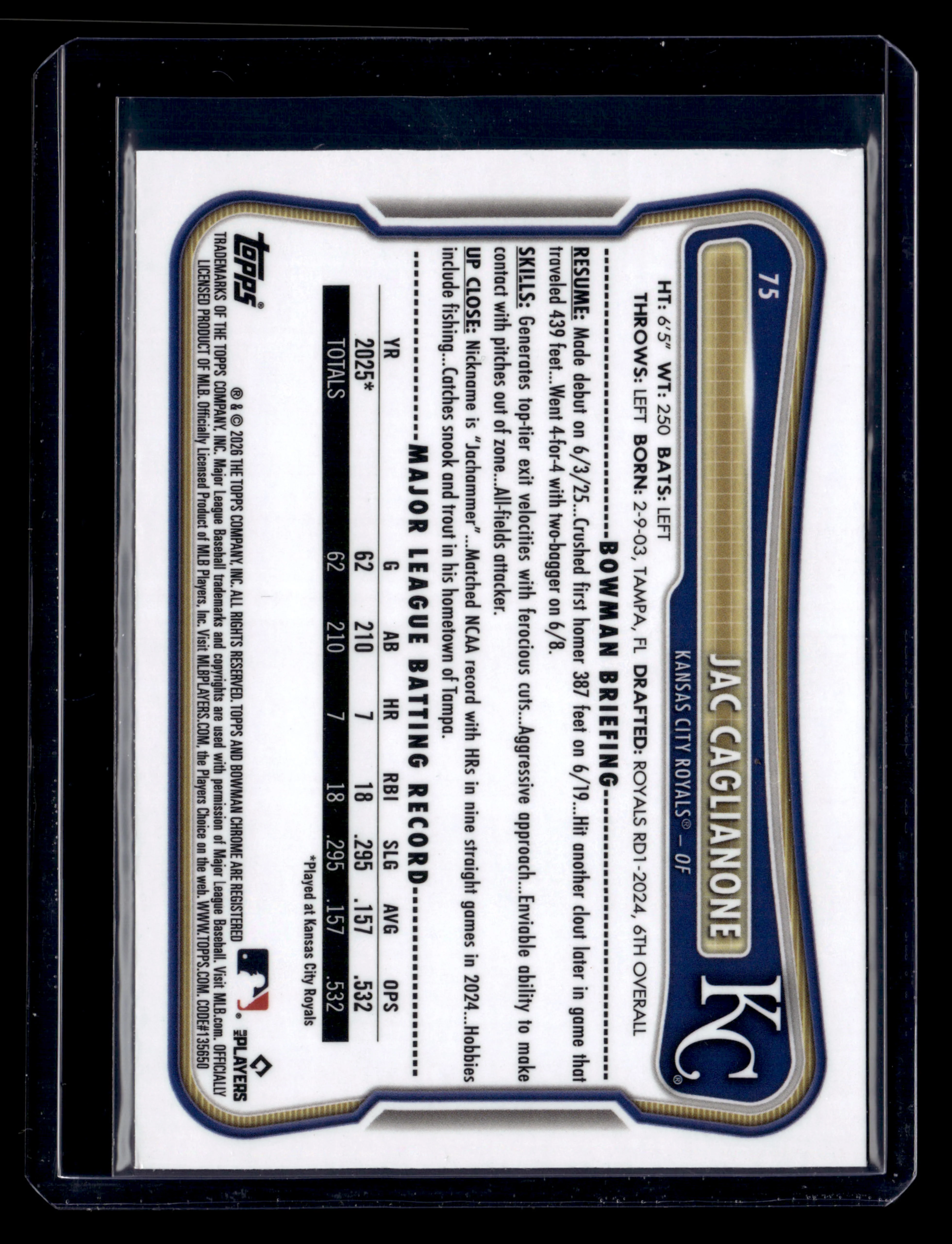 2026 Bowman #75 Jac Caglianone Rookie Red RC Logo - Image 2
