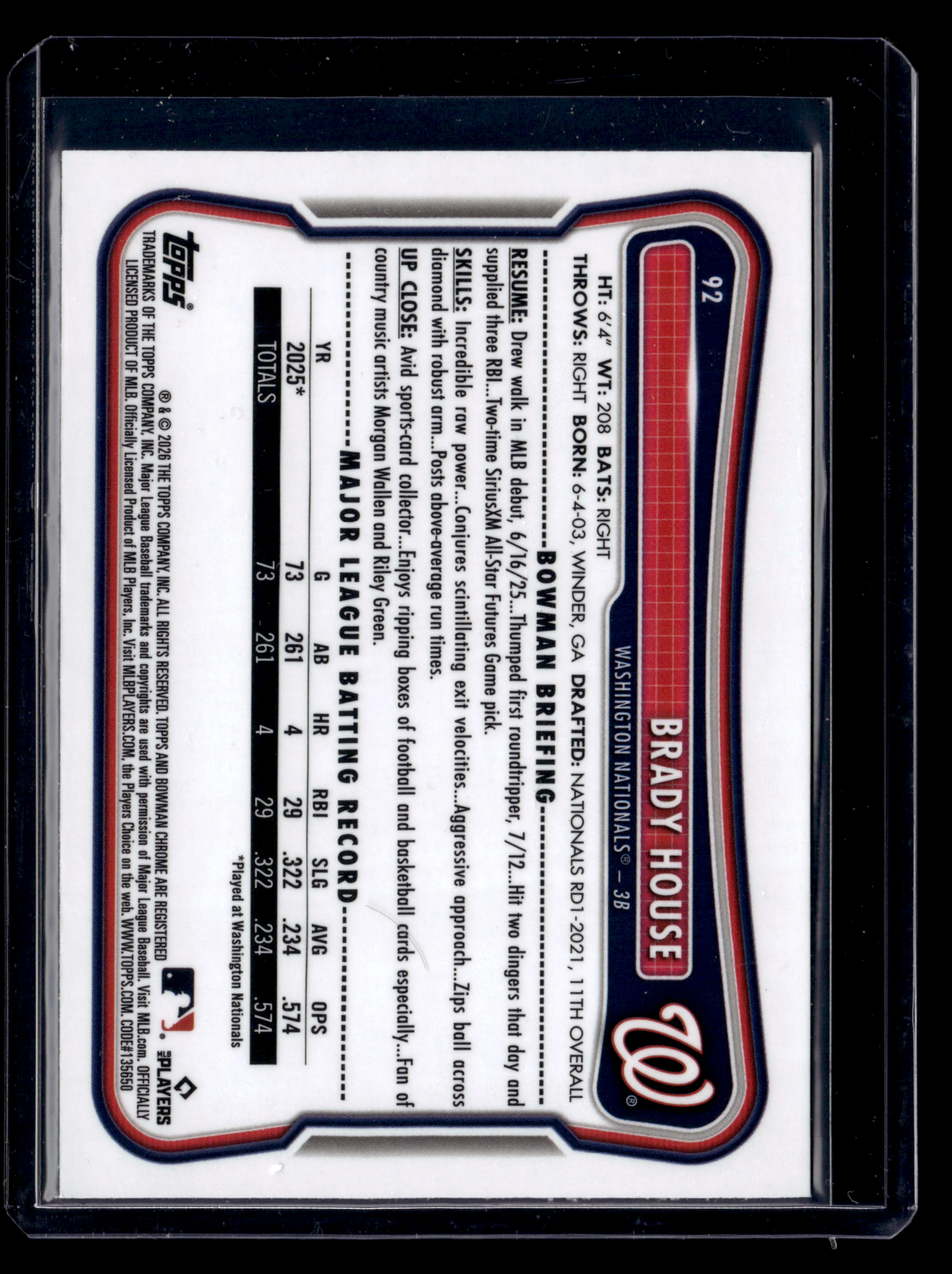 2026 Bowman #92 Brady House Rookie Red RC Logo - Image 2