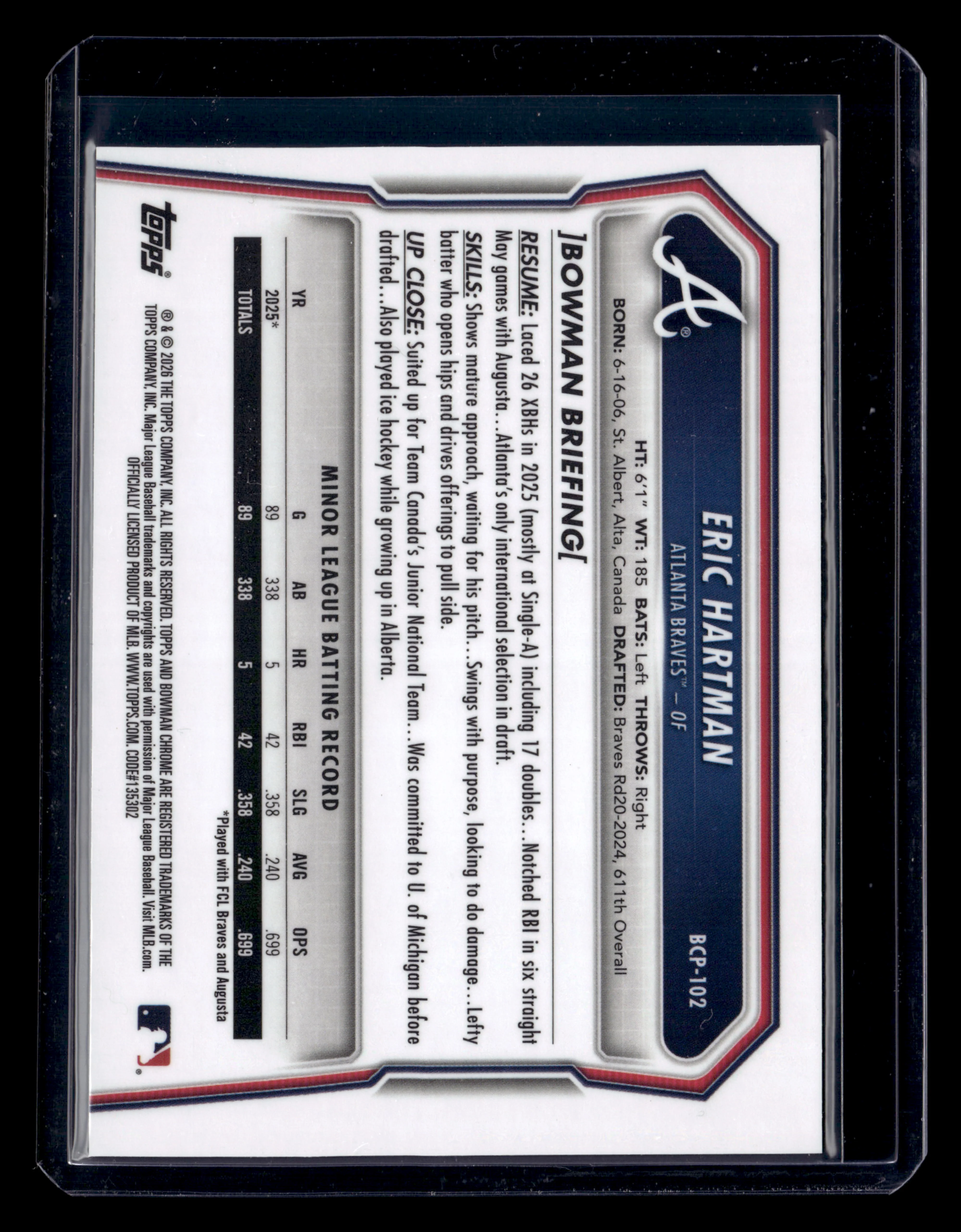 2026 Bowman #BCP-102 Eric Hartman Chrome Prospects Reptilian Refractor - Image 2