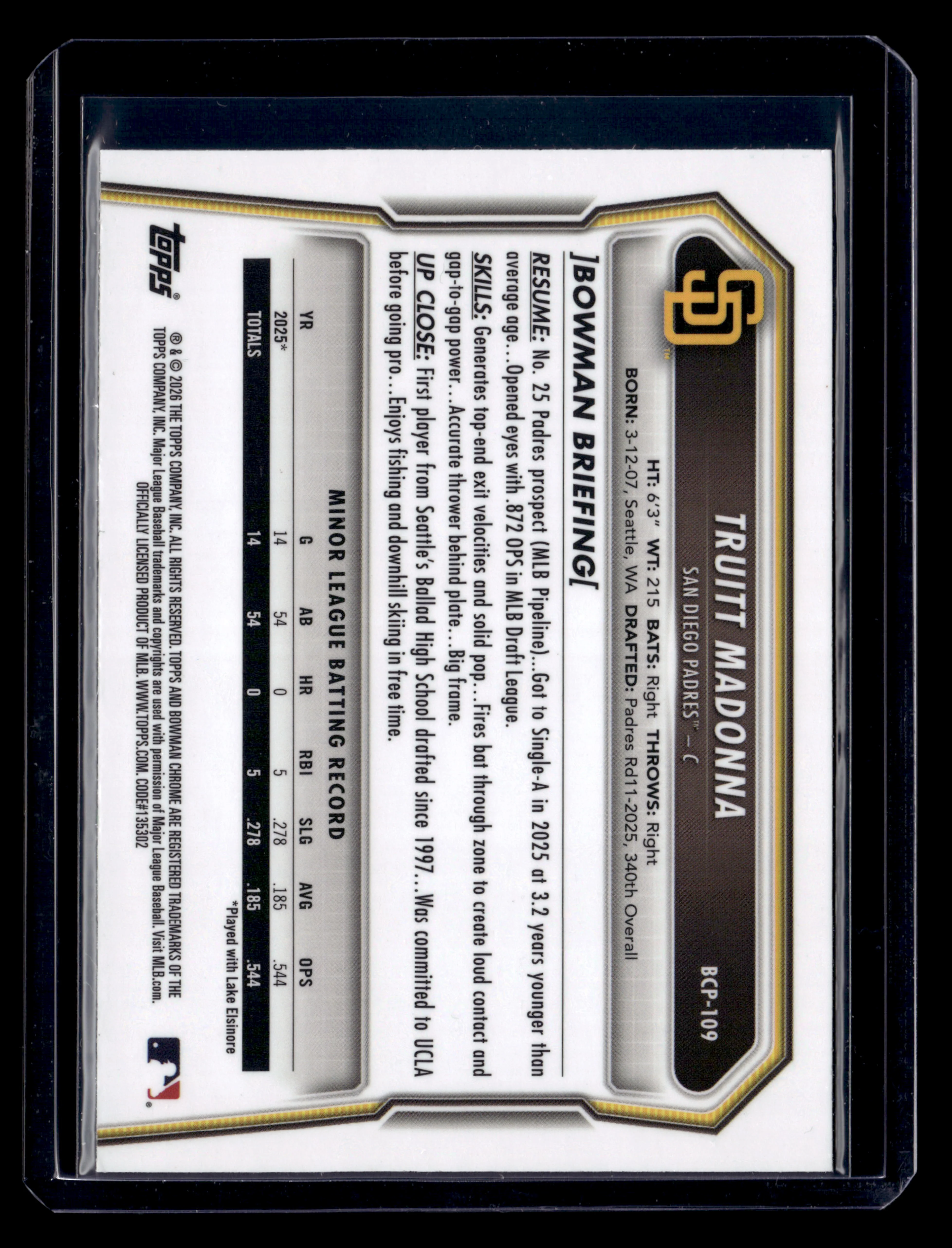 2026 Bowman #BCP-109 Truitt Madonna Chrome Prospects Reptilian Green #/99 - Image 2