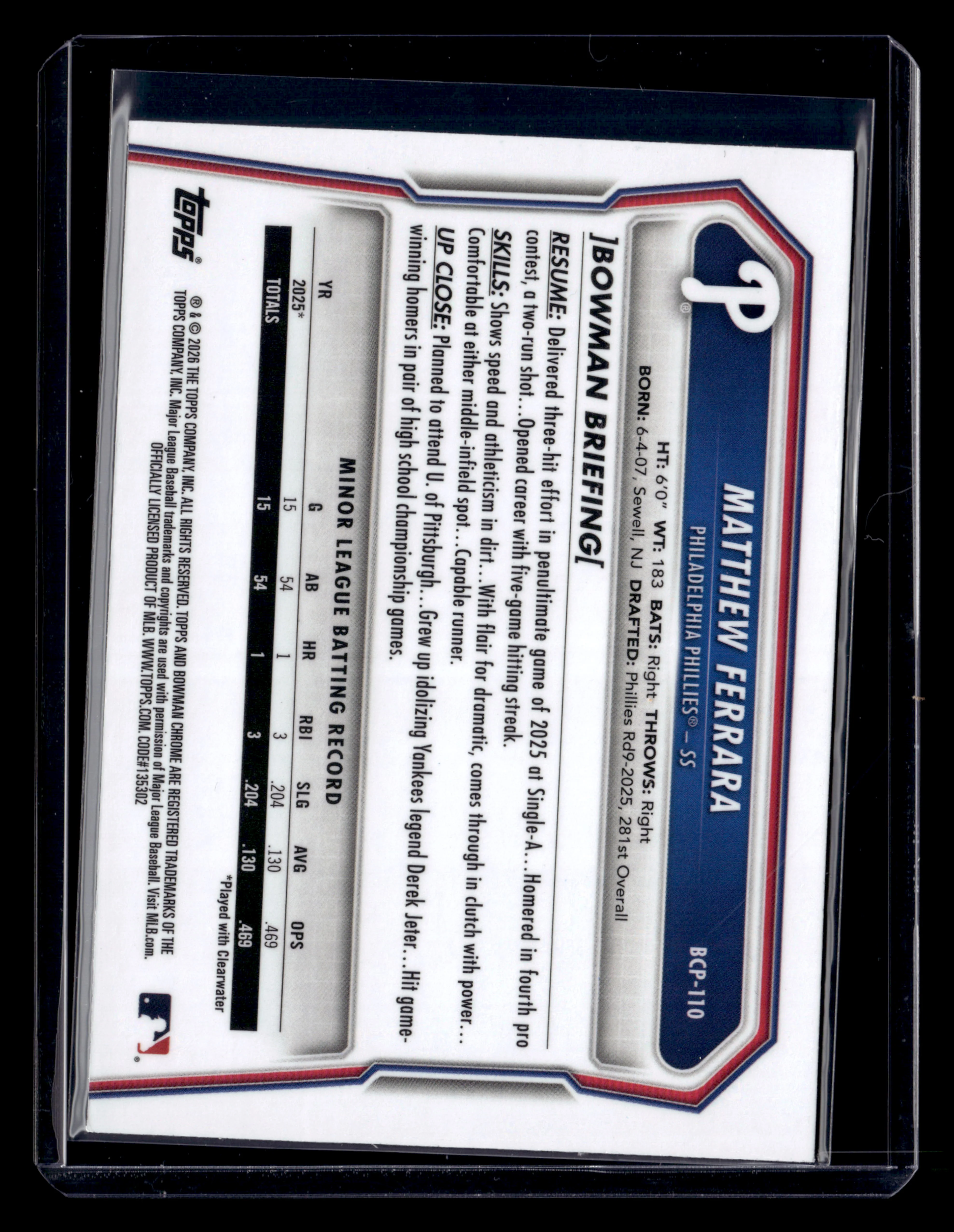 2026 Bowman #BCP-110 Matthew Ferrara Chrome Prospects Reptilian Fuchsia #/199 - Image 2