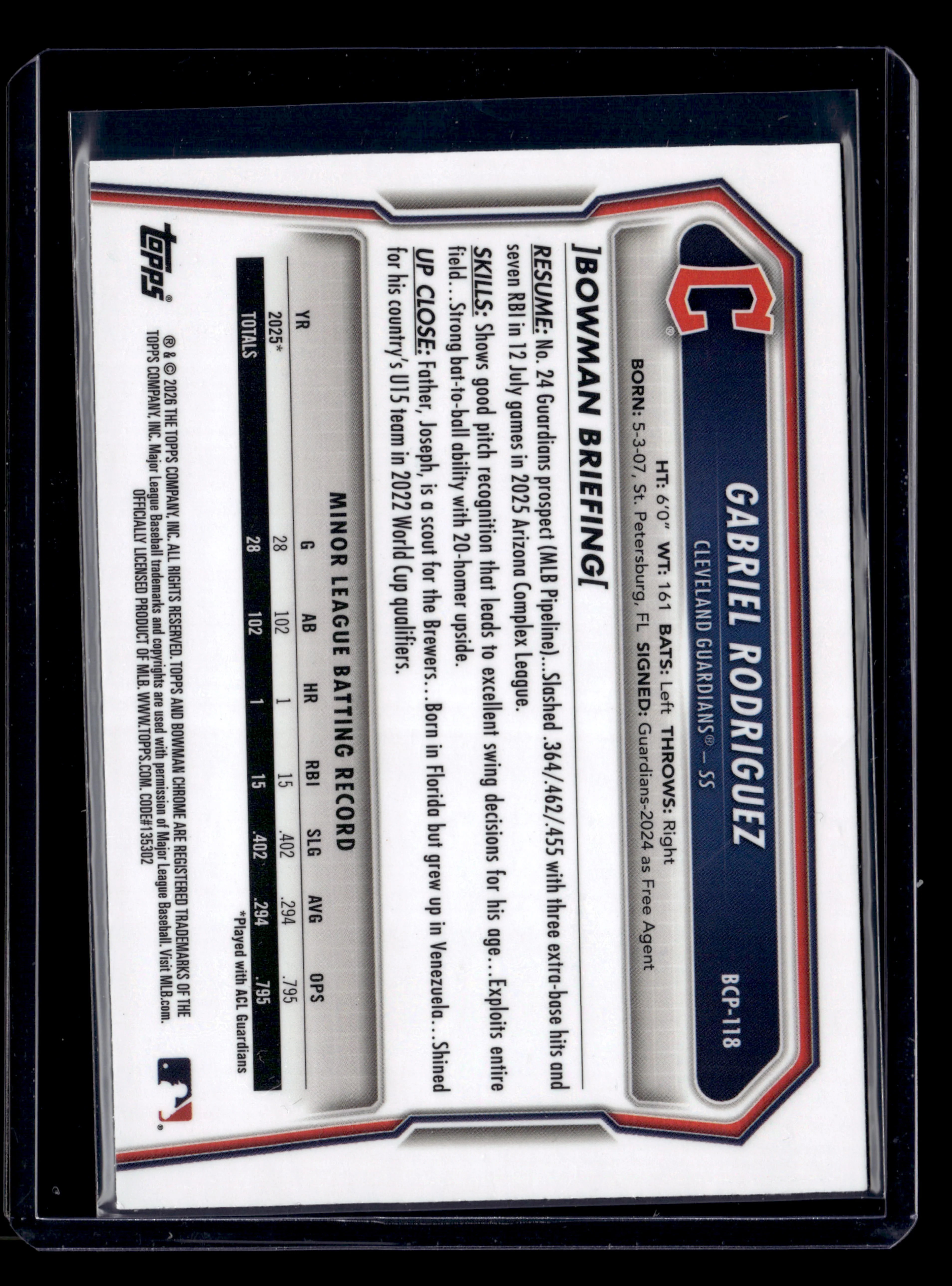 2026 Bowman #BCP-118 Gabriel Rodriguez Chrome Prospects Reptilian Blue #/150 - Image 2