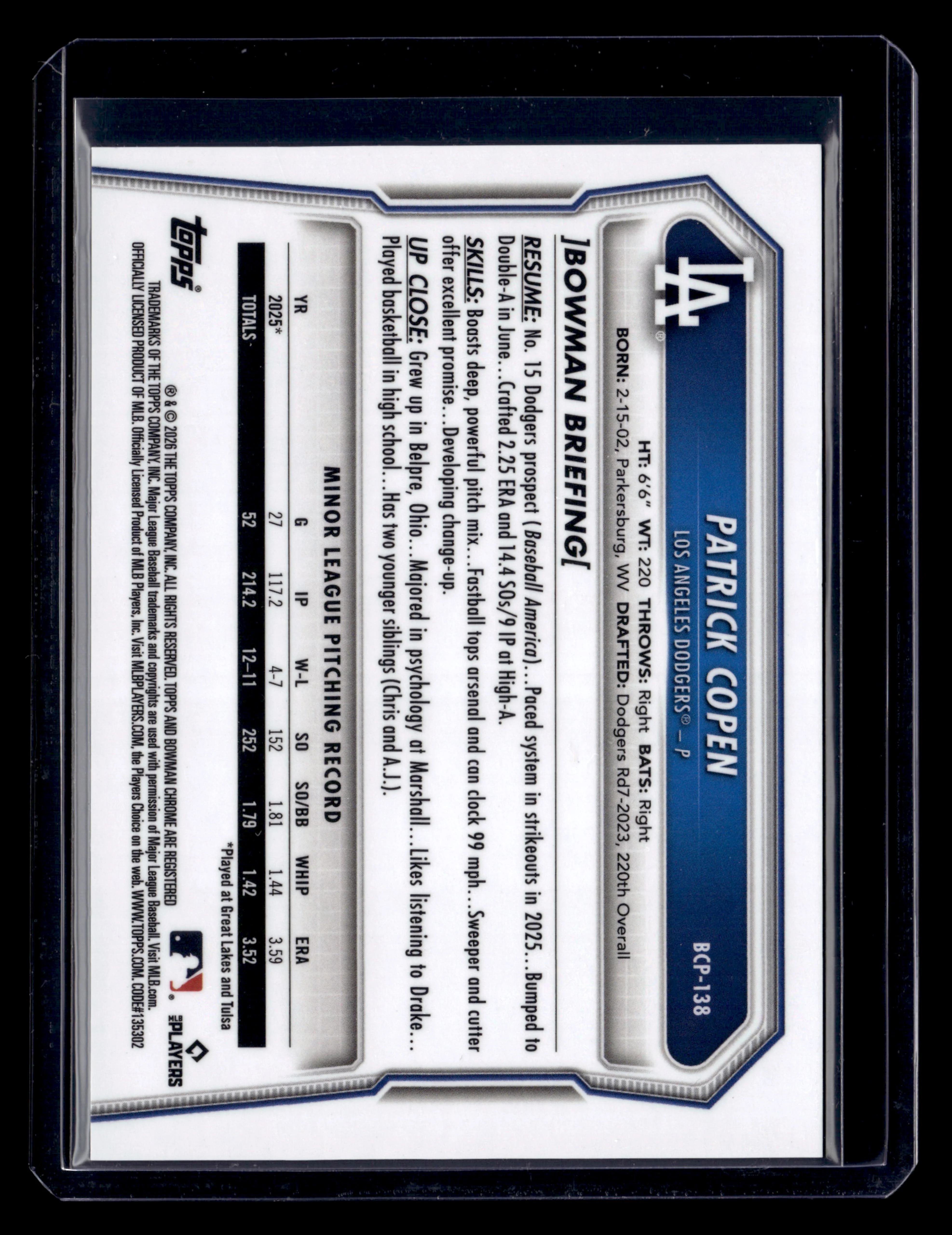 2026 Bowman #BCP-138 Patrick Copen Chrome Prospects Gold Refractor #/50 - Image 2