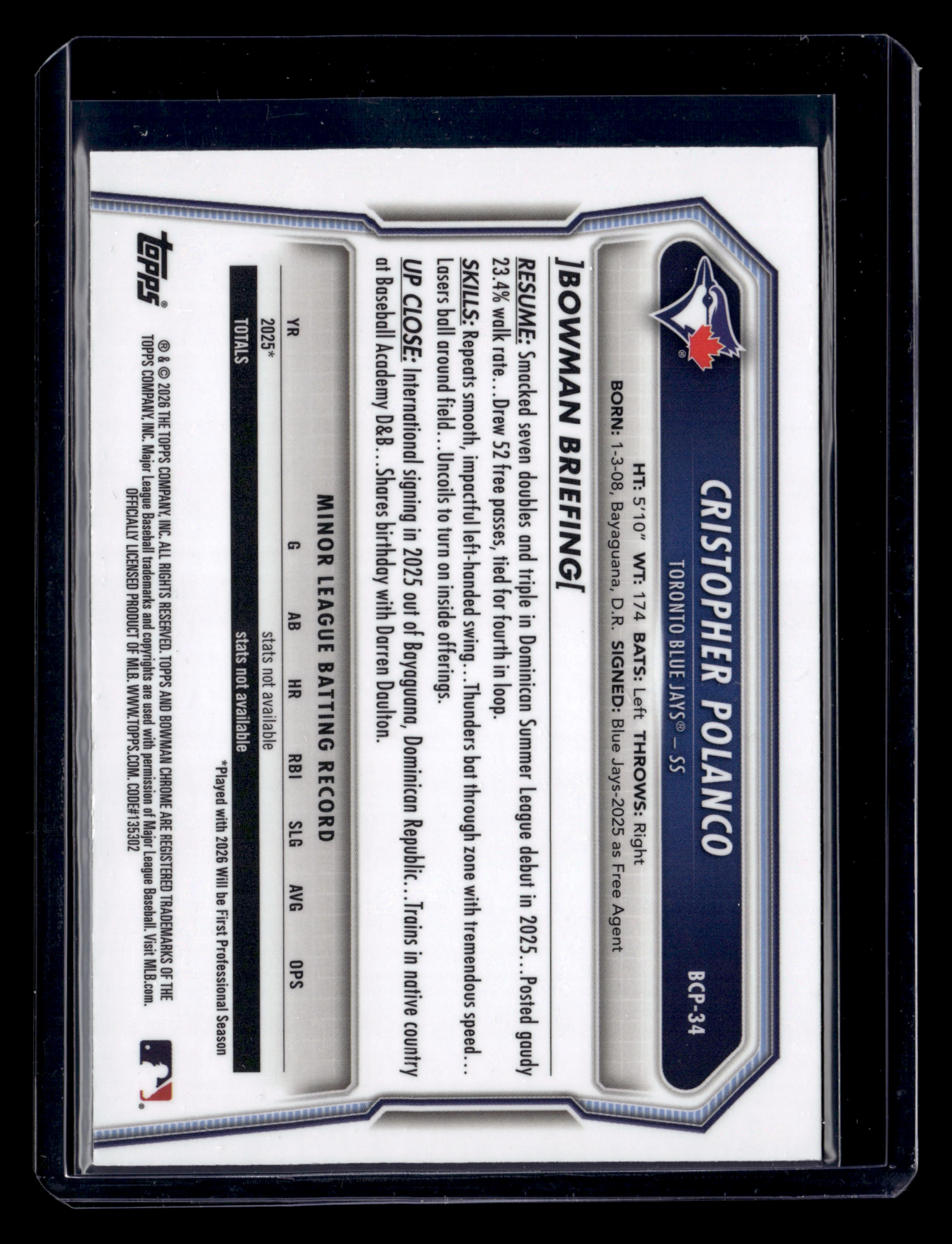 2026 Bowman #BCP-34 Cristopher Polanco Chrome Prospects Green Refractor #/99 - Image 2