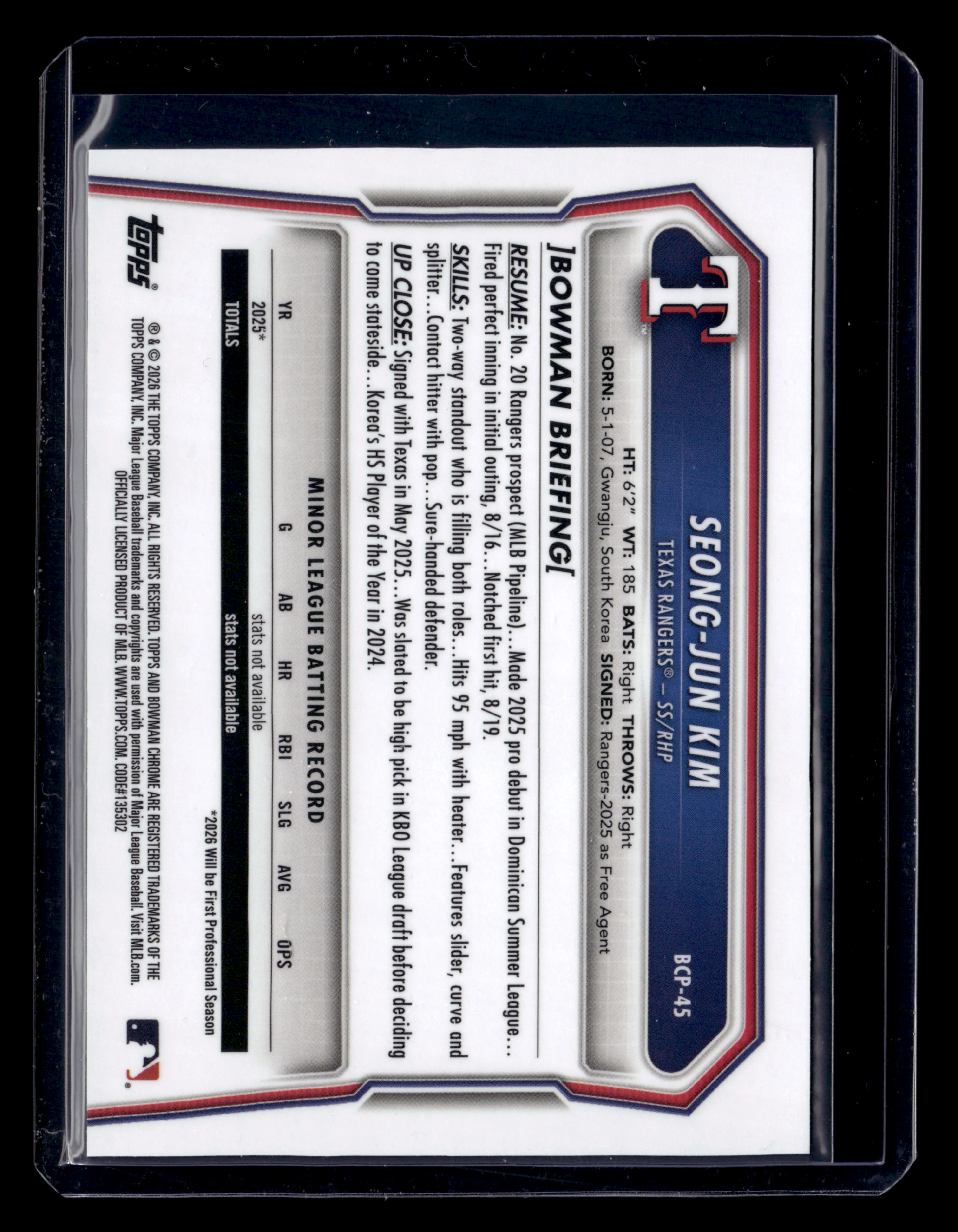2026 Bowman #BCP-45 Seong-Jun Kim Chrome Prospects Reptilian Refractor - Image 2