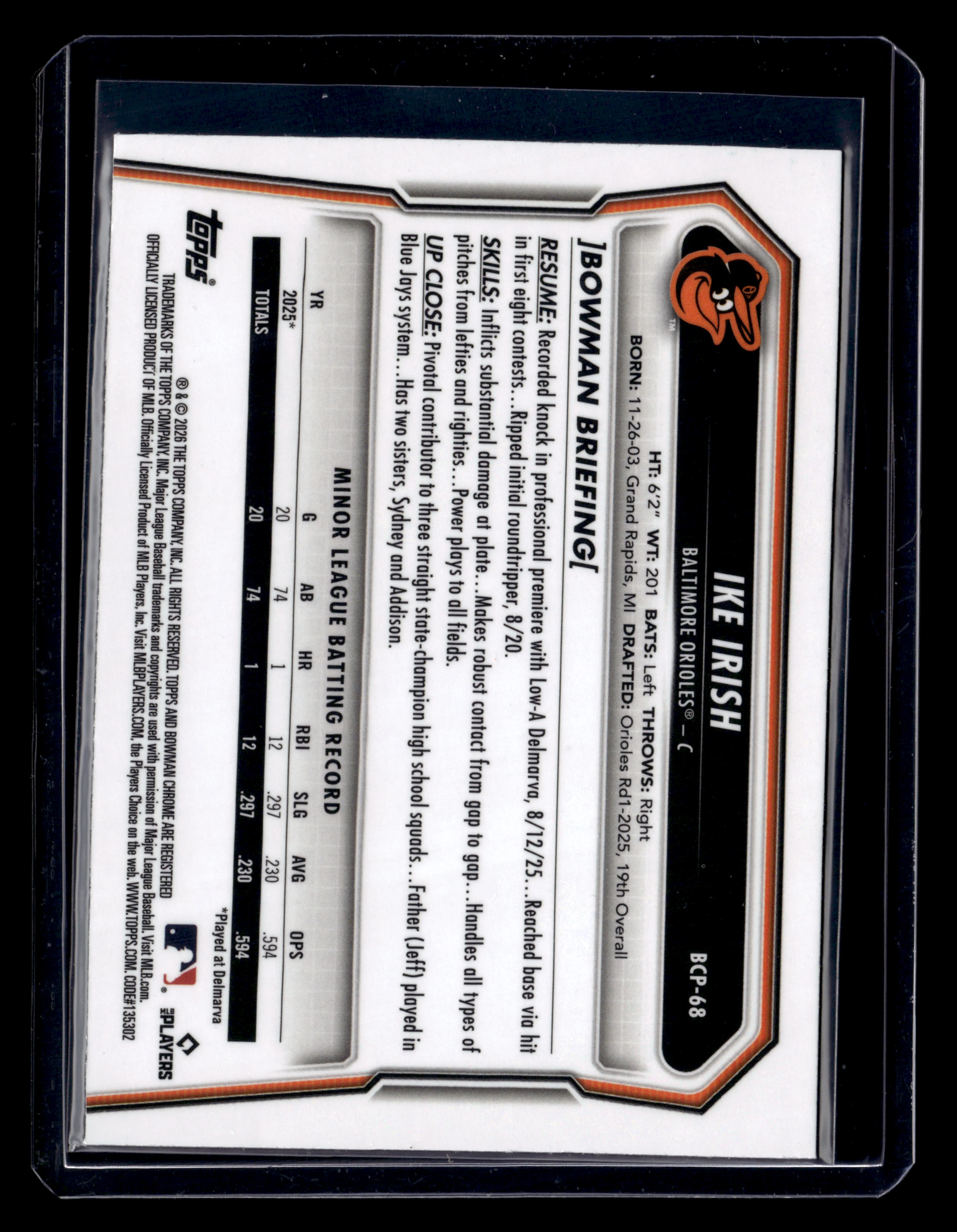 2026 Bowman #BCP-68 Ike Irish Chrome Prospects Speckle Refractor #/299 - Image 2