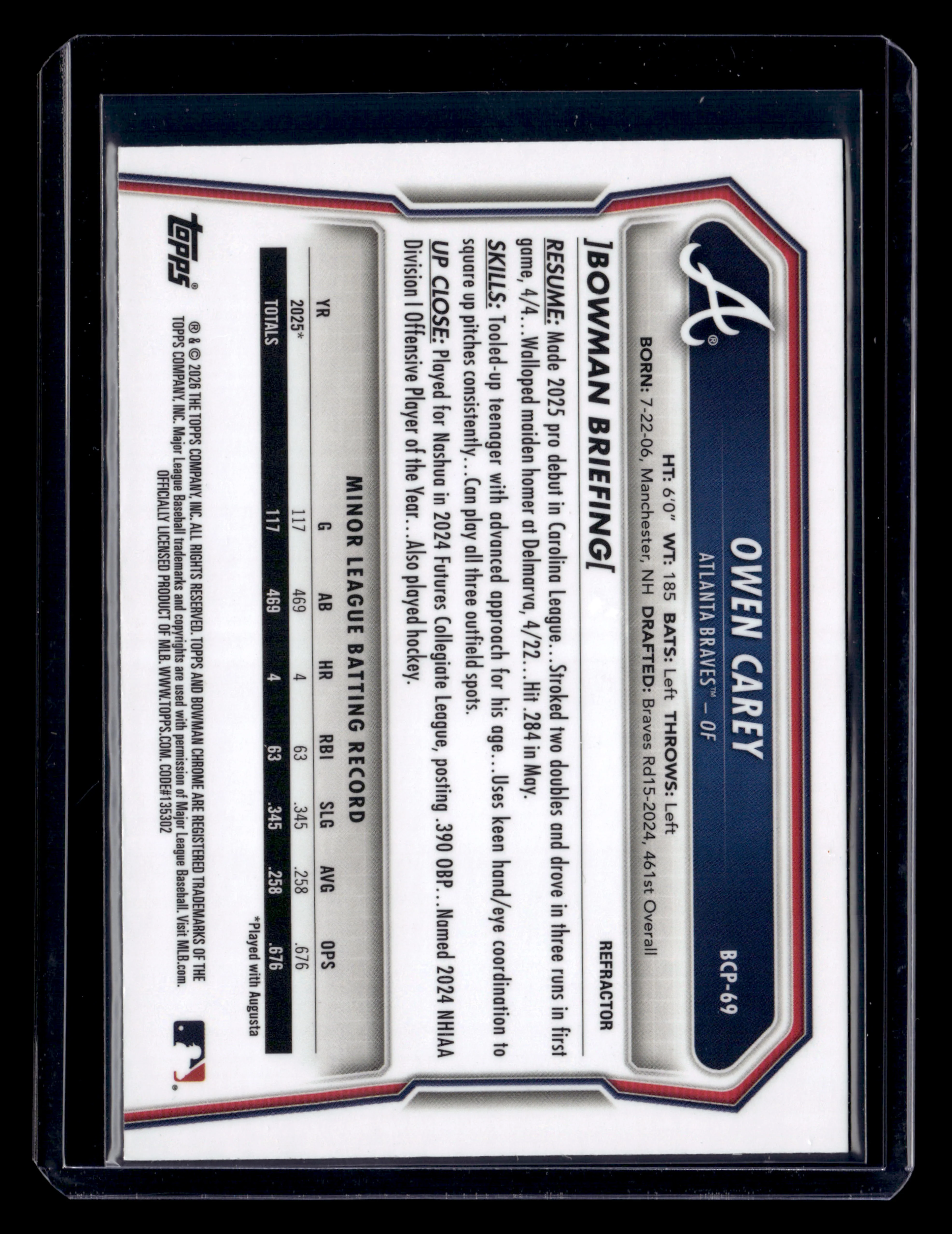 2026 Bowman #BCP-69 Owen Carey Chrome Prospects Refractor #/499 - Image 2