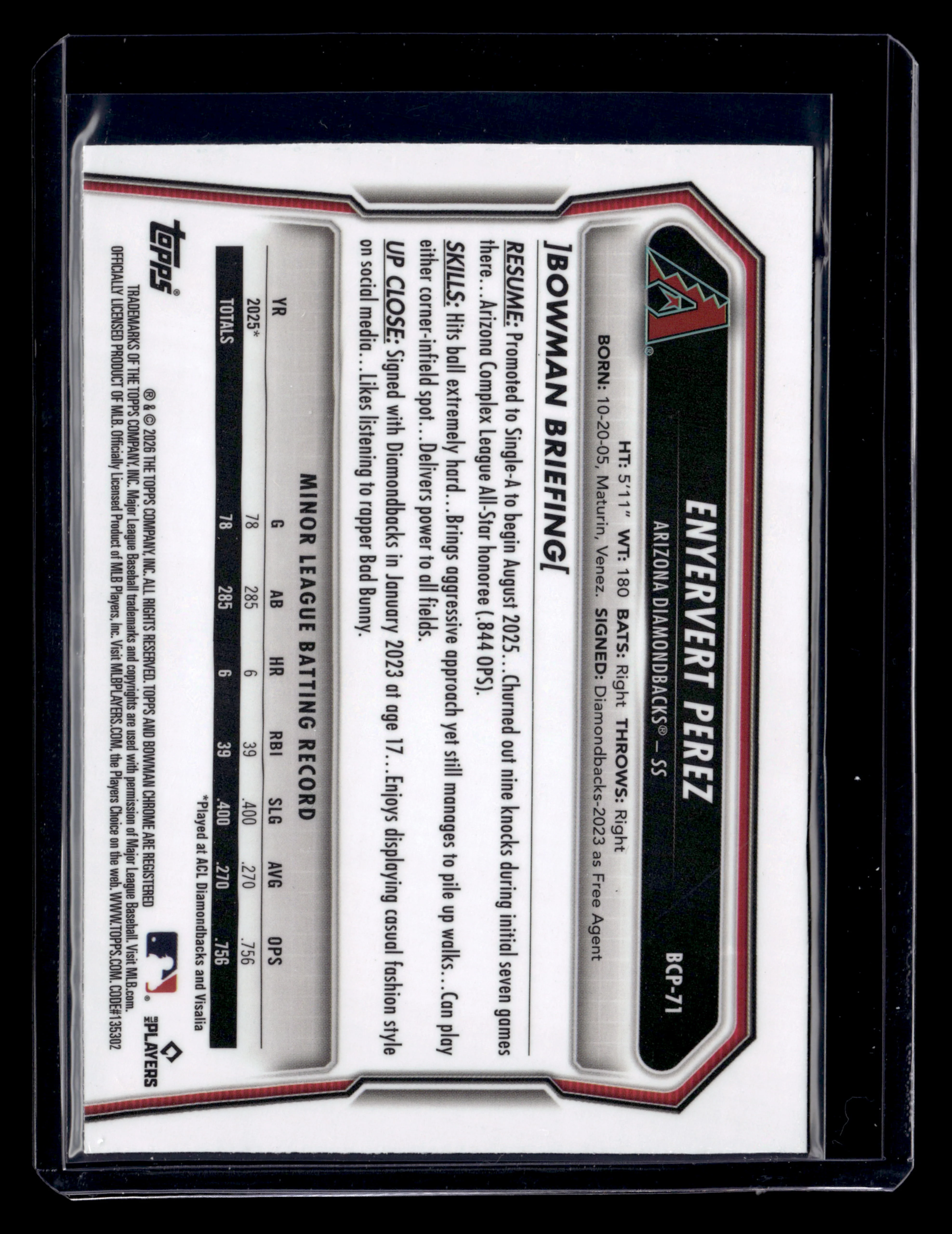 2026 Bowman #BCP-71 Enyervert Perez Chrome Prospects Lava Refractor #/399 - Image 2
