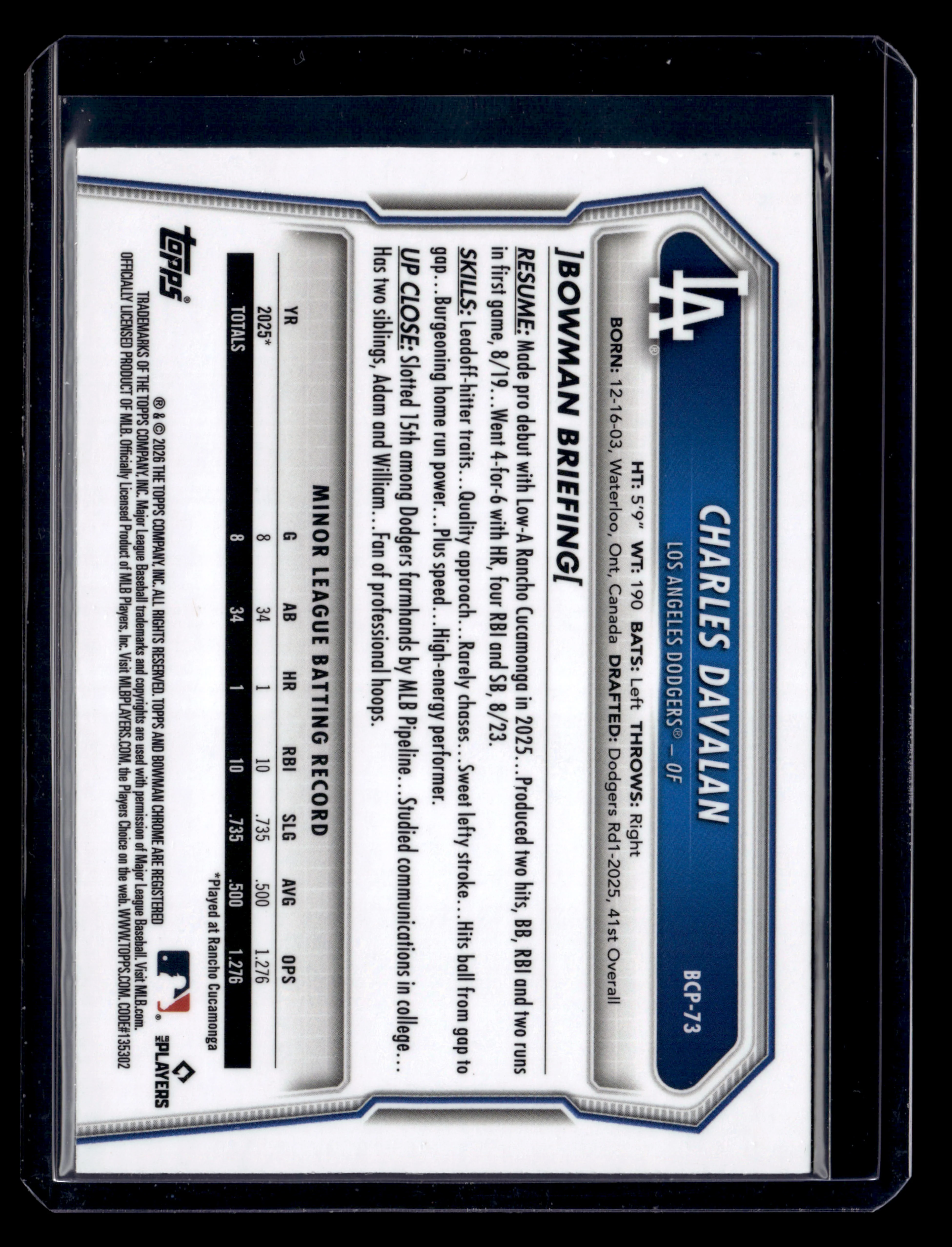 2026 Bowman #BCP-73 Charles Davalan Chrome Prospects Purple Raywave #/250 - Image 2