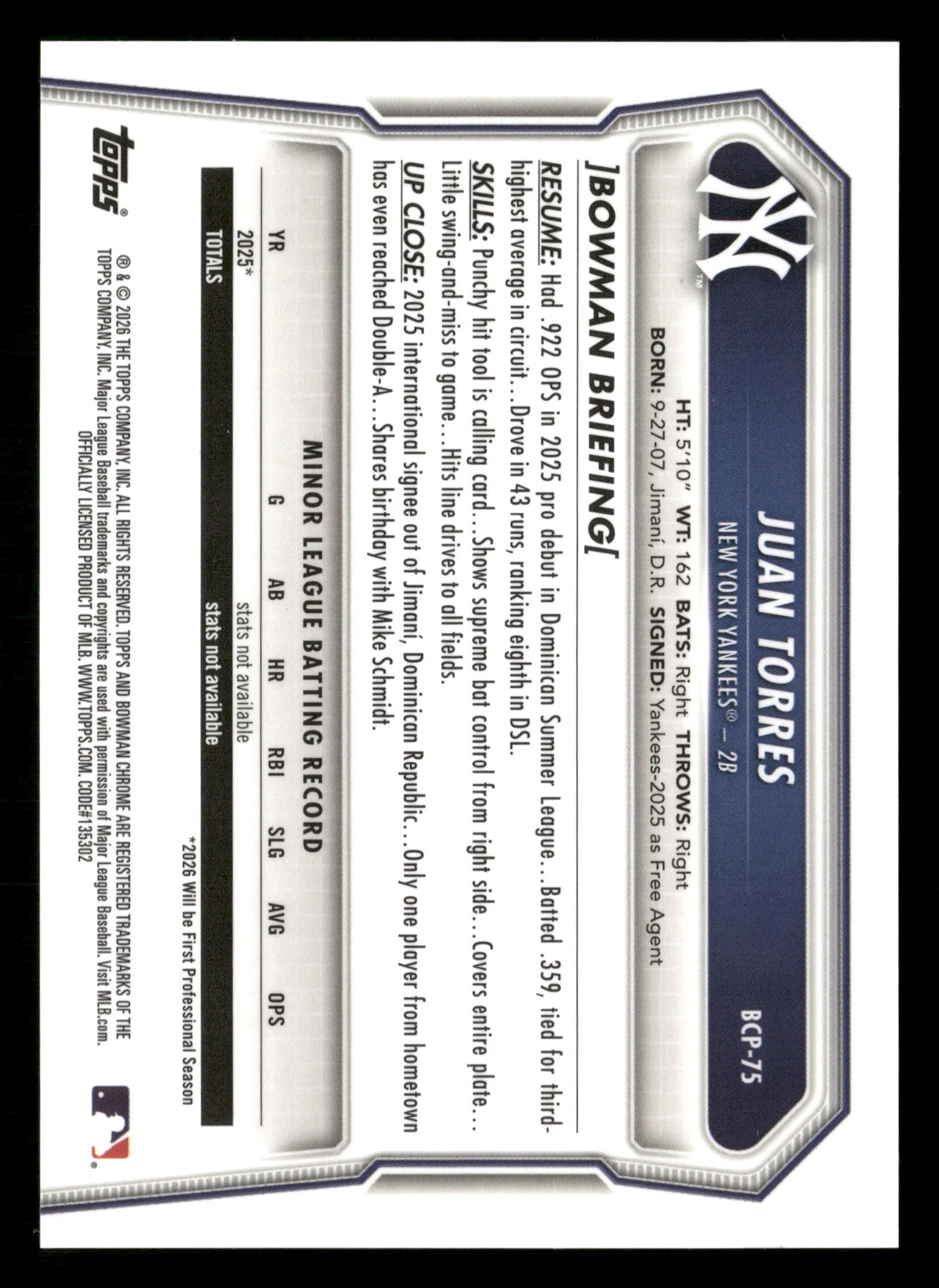 2026 Bowman #BCP-75 Juan Torres Chrome Prospects Gold Shimmer Refractor #/50 - Image 2