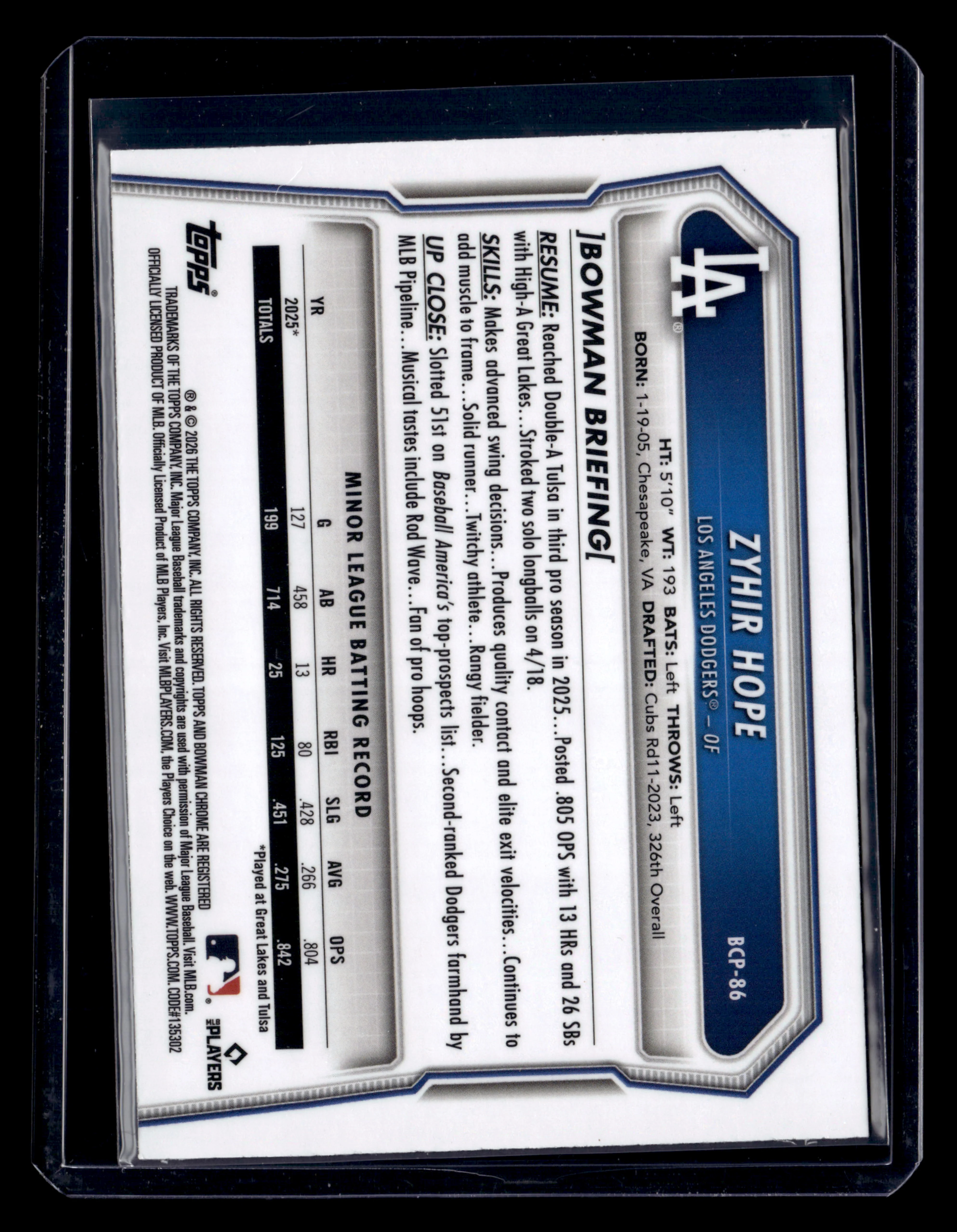 2026 Bowman #BCP-86 Zyhir Hope Chrome Prospects Reptilian Blue Refractor #/150 - Image 2