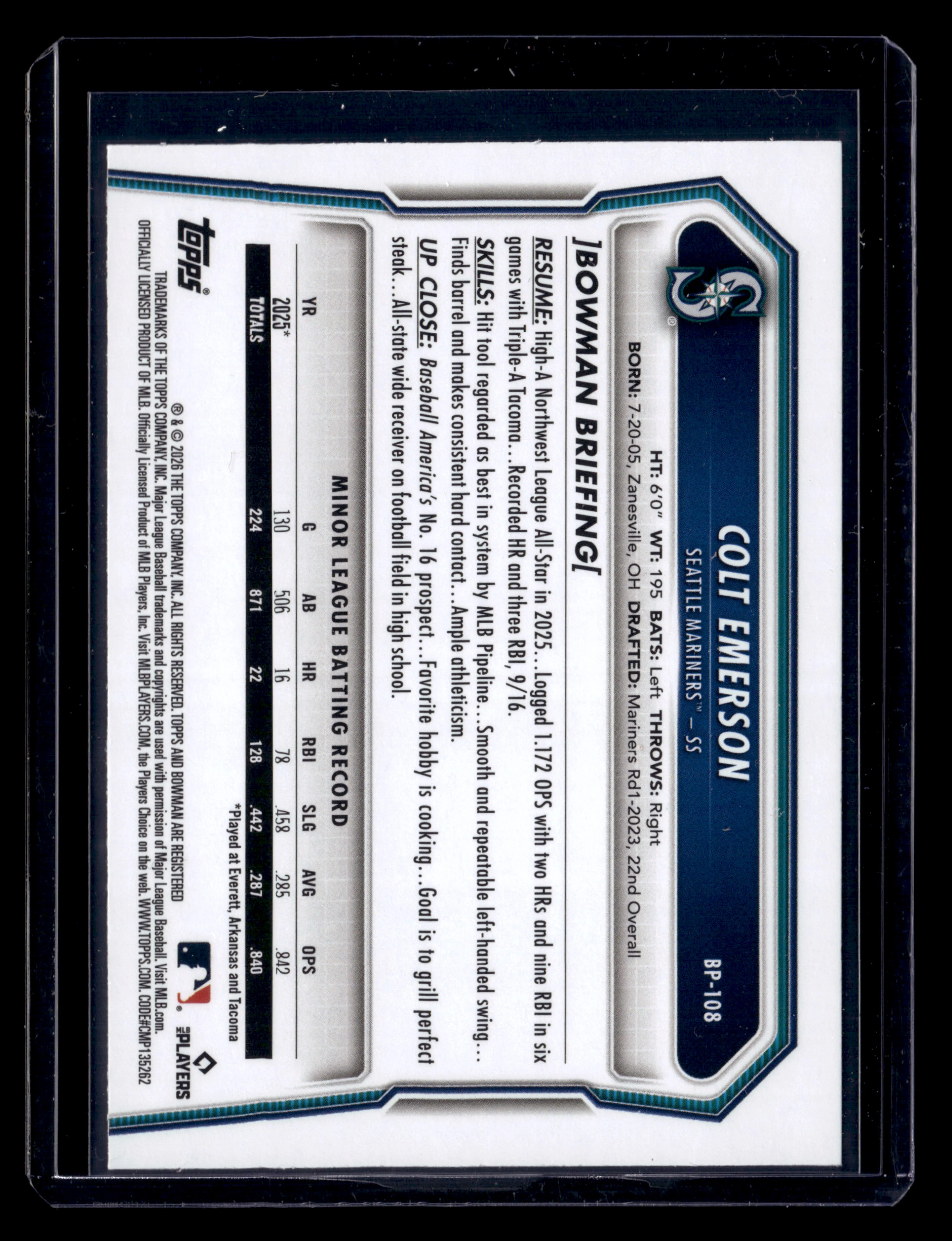 2026 Bowman #BP-108 Colt Emerson Prospects Fuchsia #/299 - Image 2