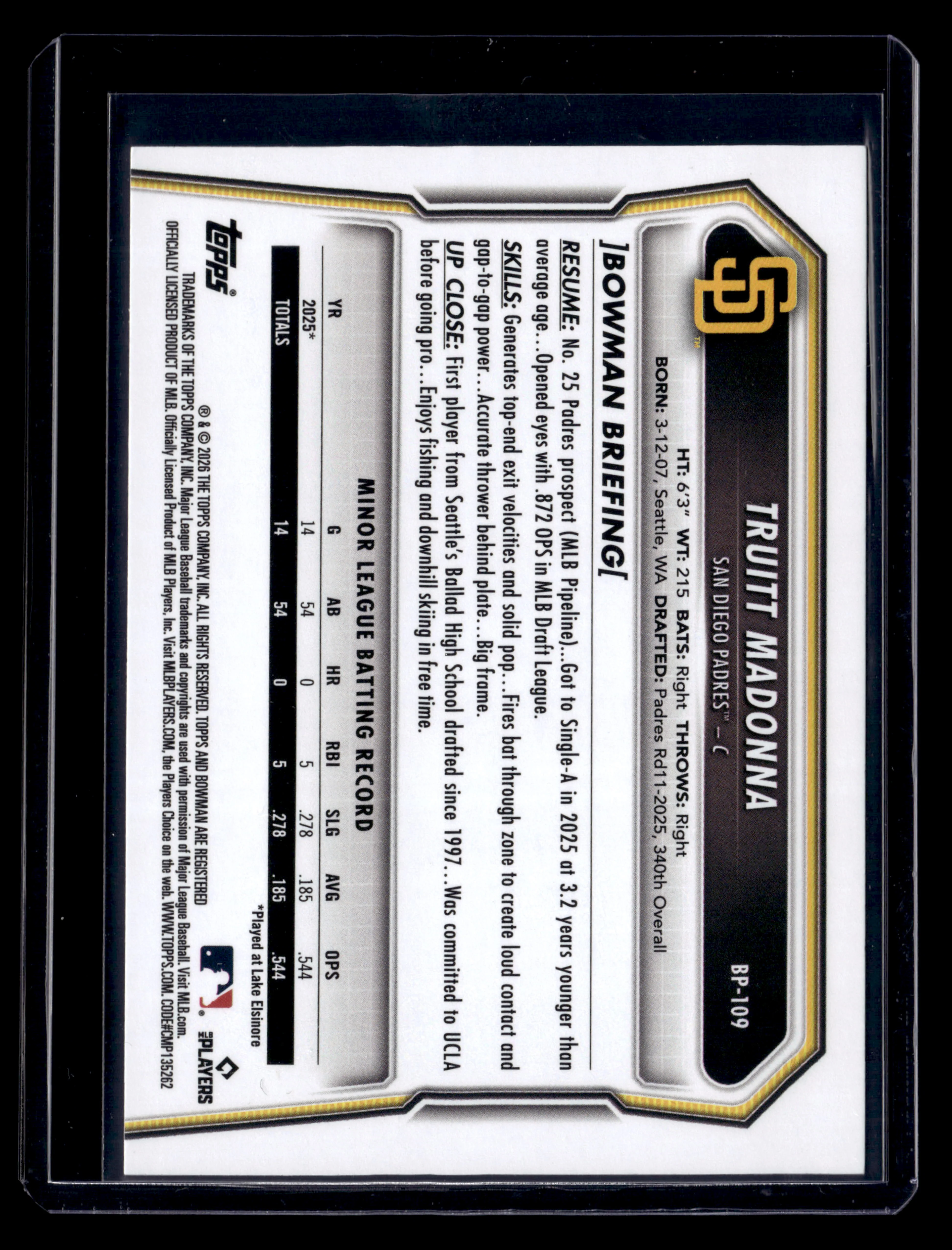 2026 Bowman #BP-109 Truitt Madonna Prospects Sky Blue #/499 - Image 2