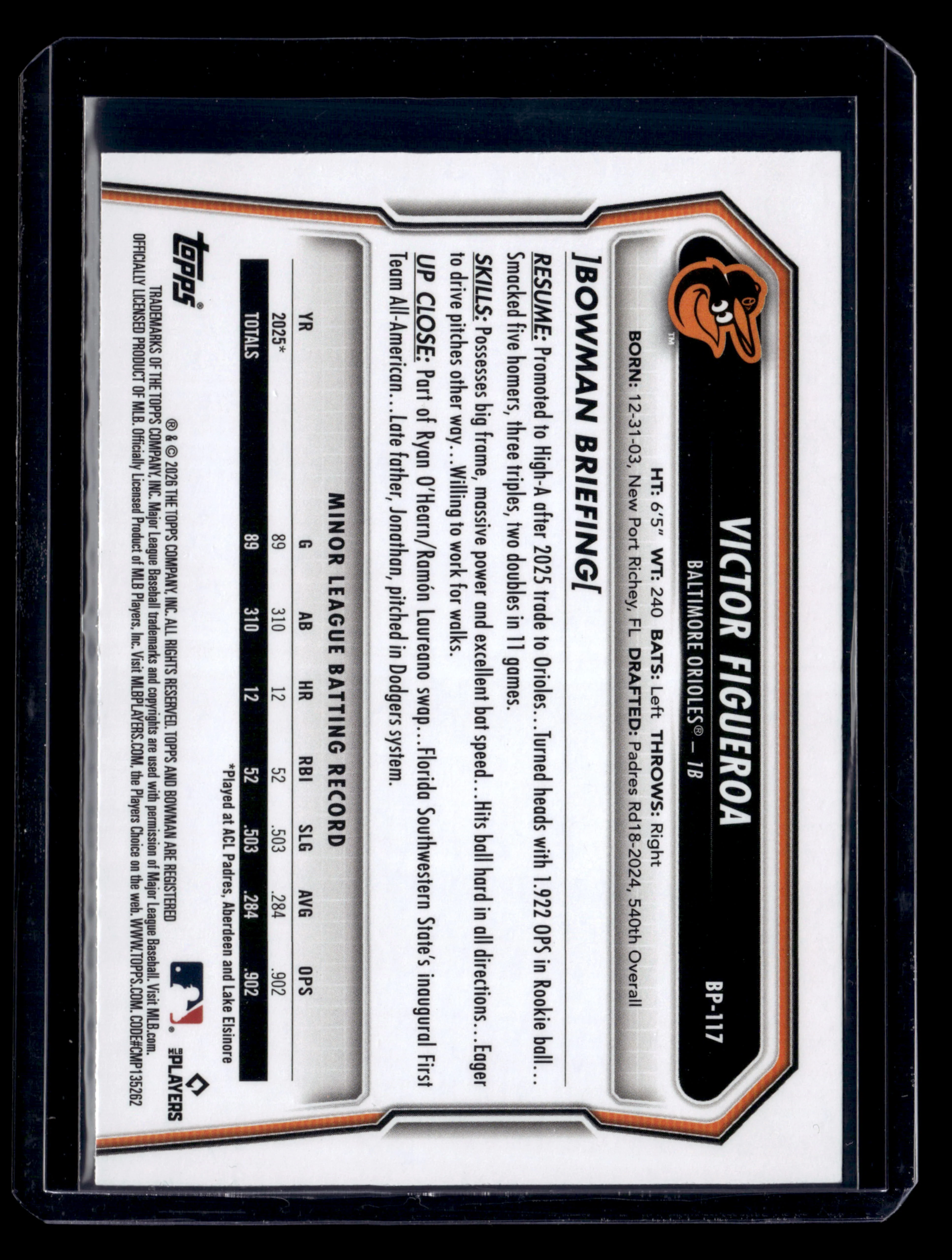 2026 Bowman #BP-117 Victor Figueroa Prospects Sky Blue #/499 - Image 2