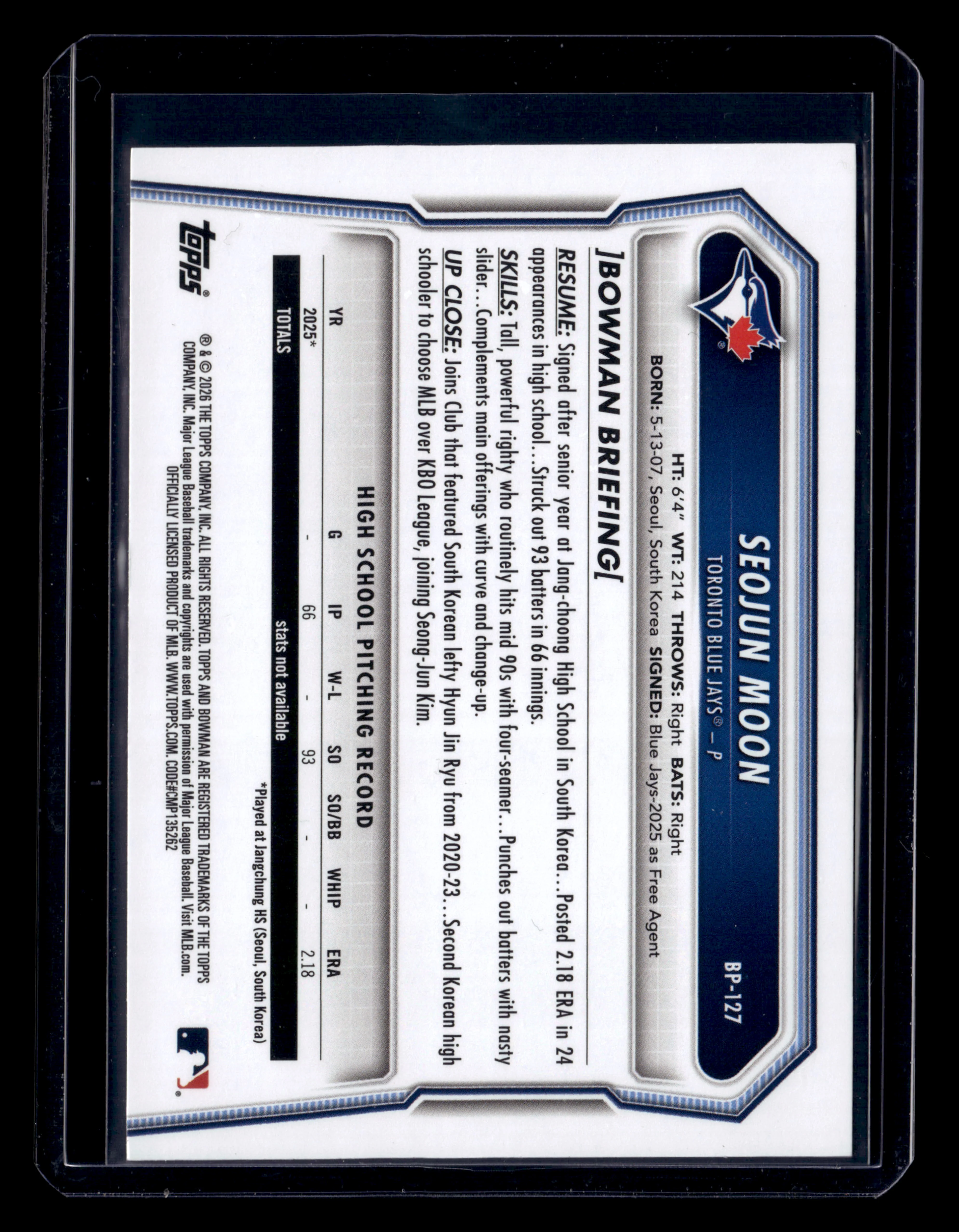 2026 Bowman #BP-127 Seojun Moon Prospects Purple #/250 - Image 2