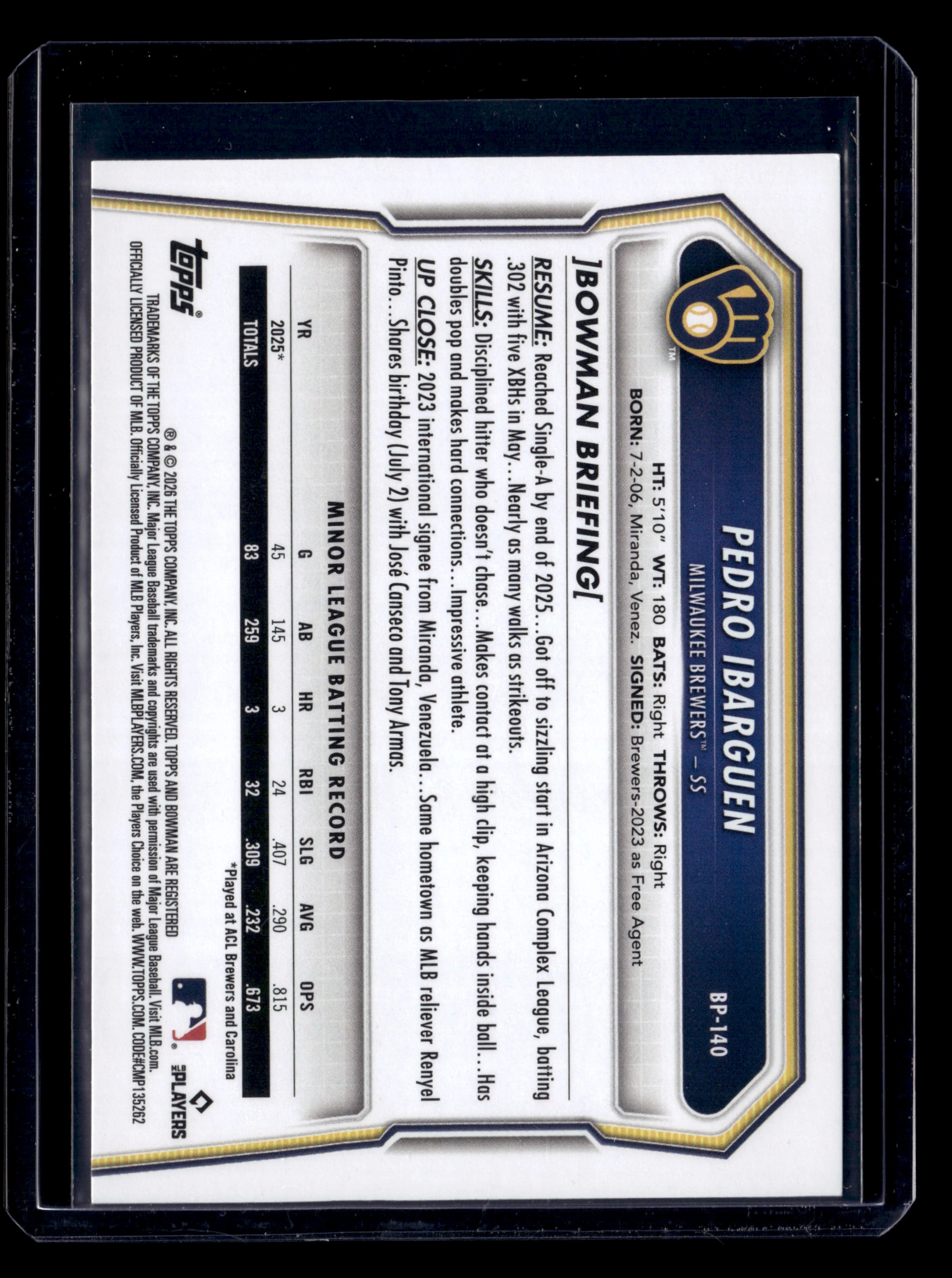 2026 Bowman #BP-140 Pedro Ibarguen Prospects Pink #/175 - Image 2