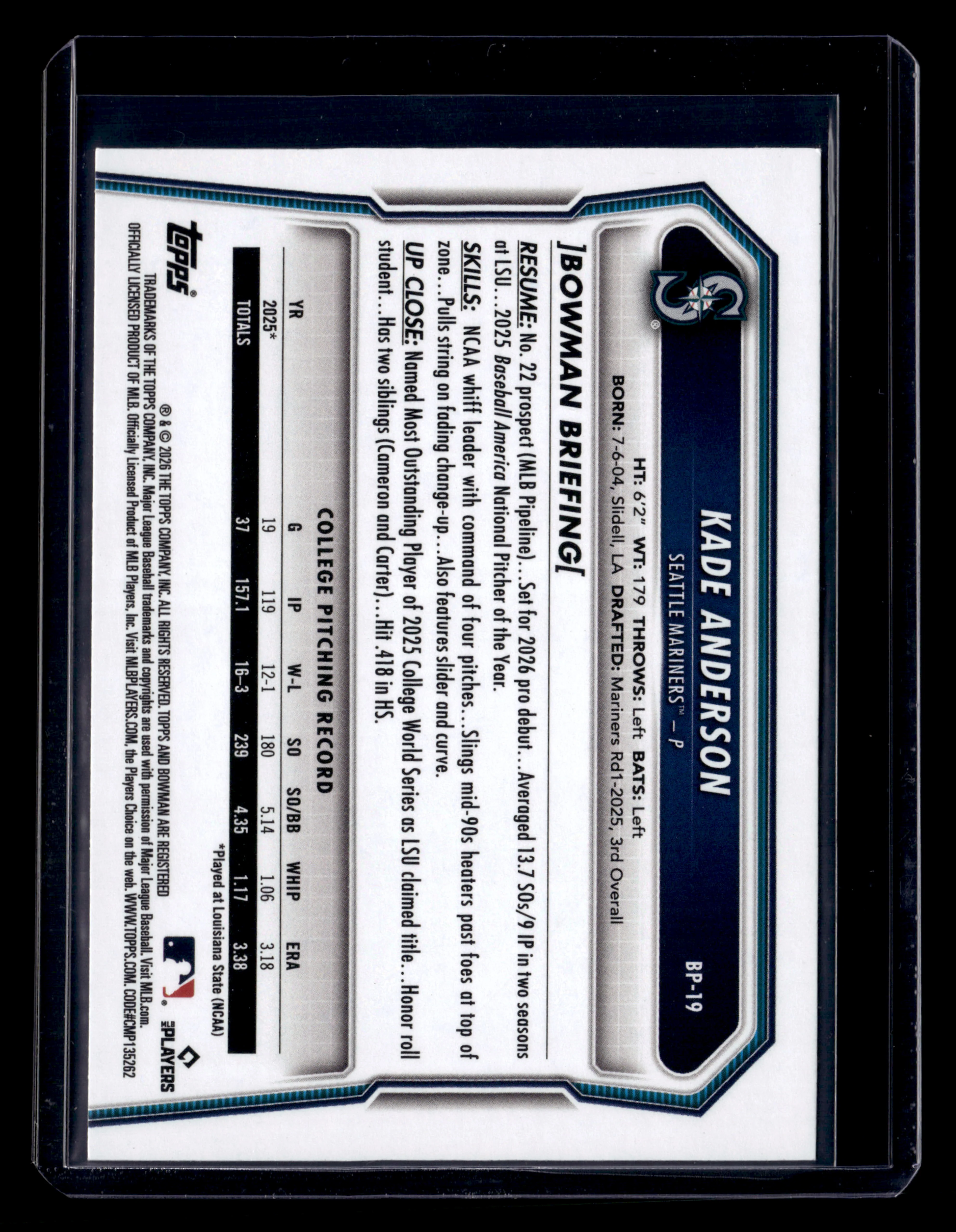 2026 Bowman #BP-19 Kade Anderson Prospects Neon Green #/399 - Image 2