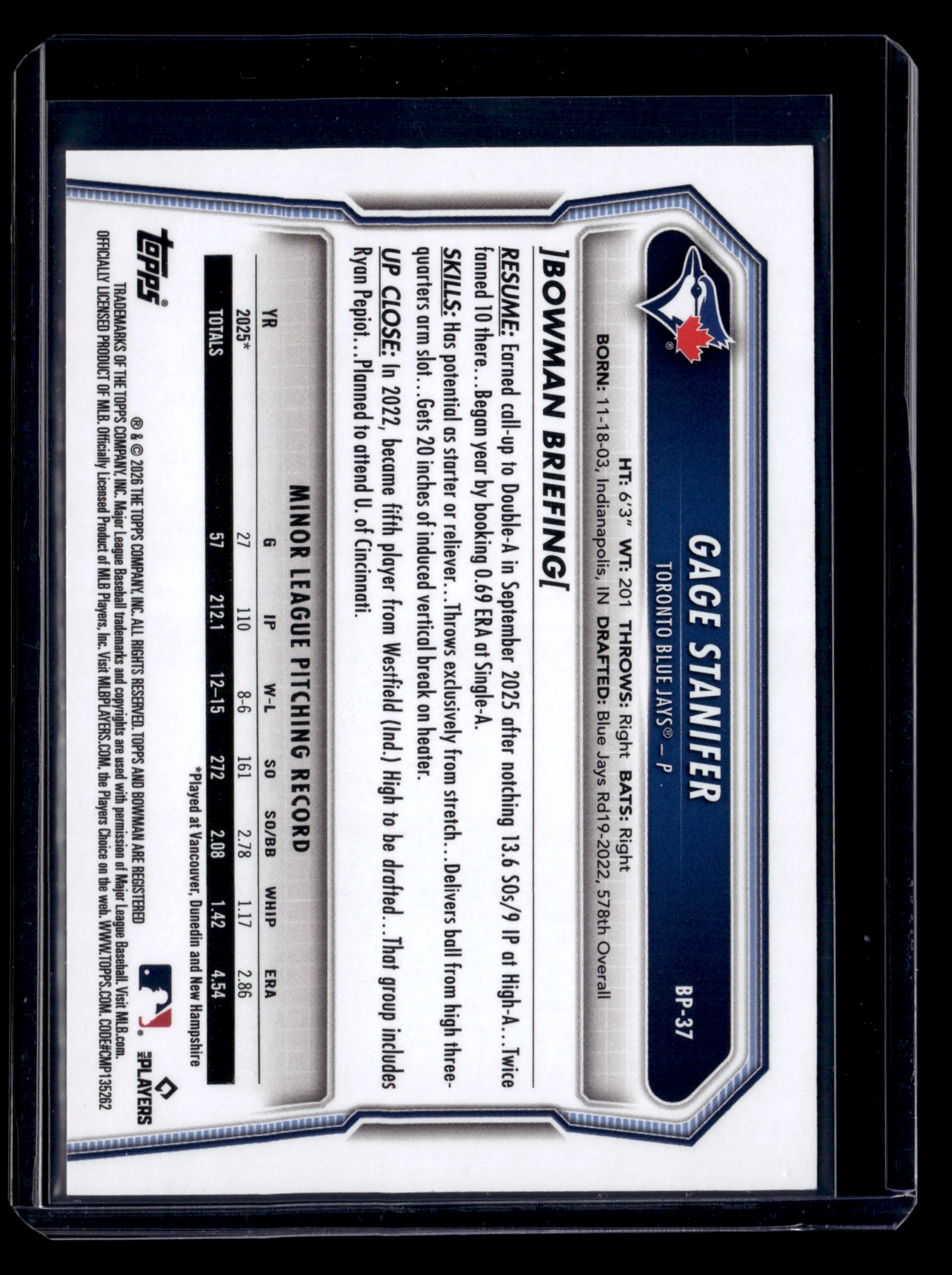 2026 Bowman #BP-37 Gage Stanifer Prospects Yellow Pattern #/75 - Image 2