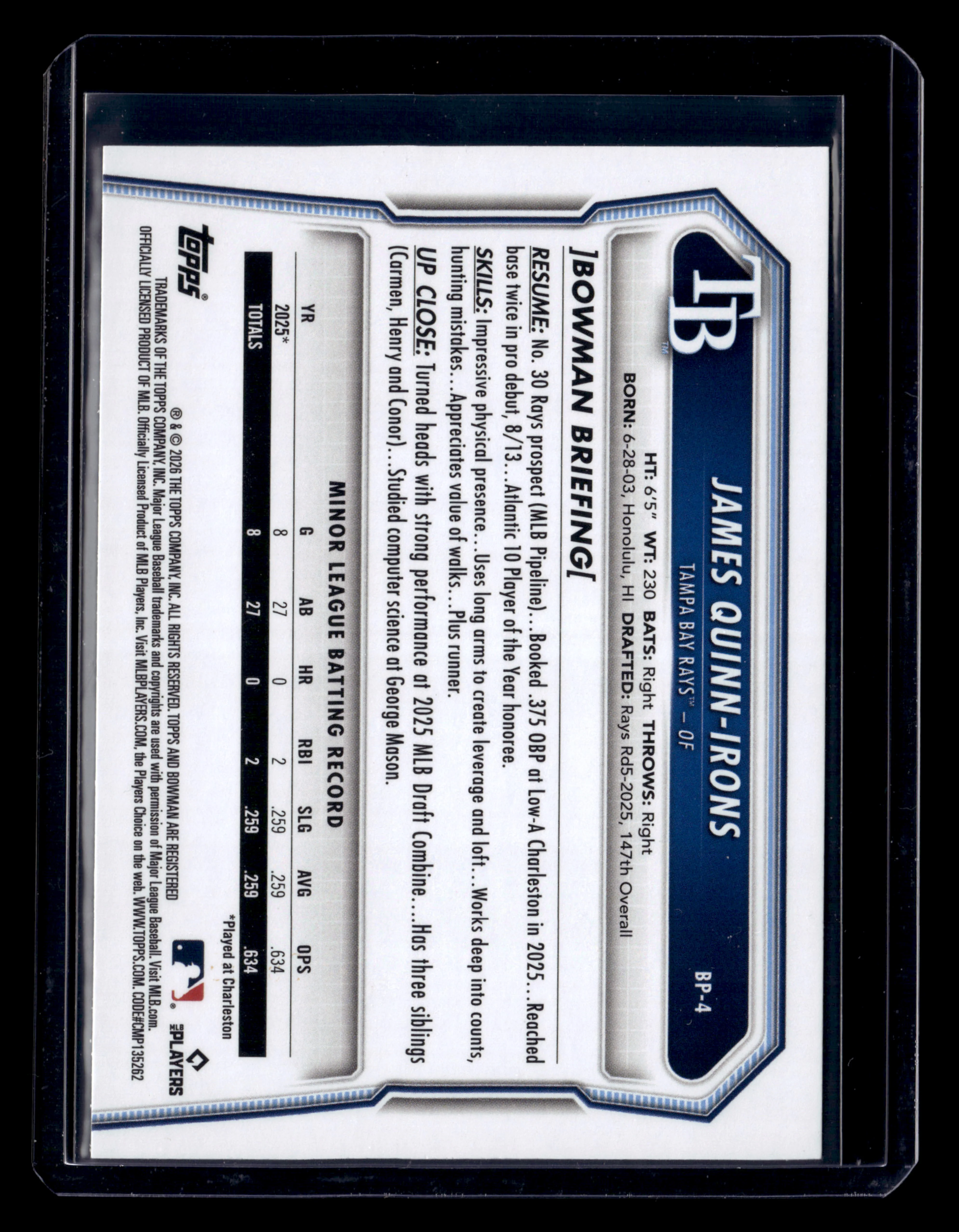2026 Bowman #BP-4 James Quinn-Irons Prospects Green #/99 - Image 2