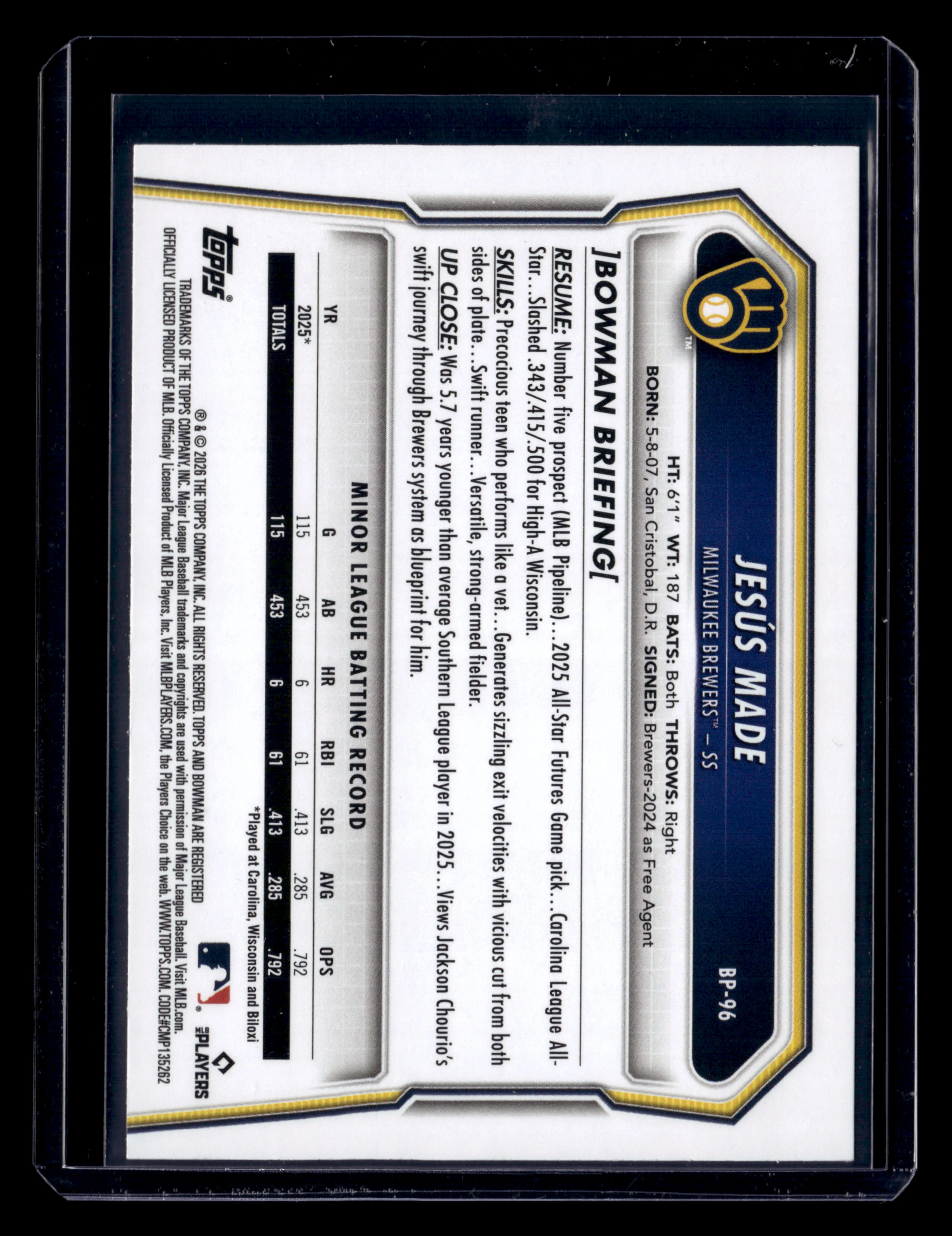 2026 Bowman #BP-96 Jesús Made Prospects Sky Blue #/499 - Image 2