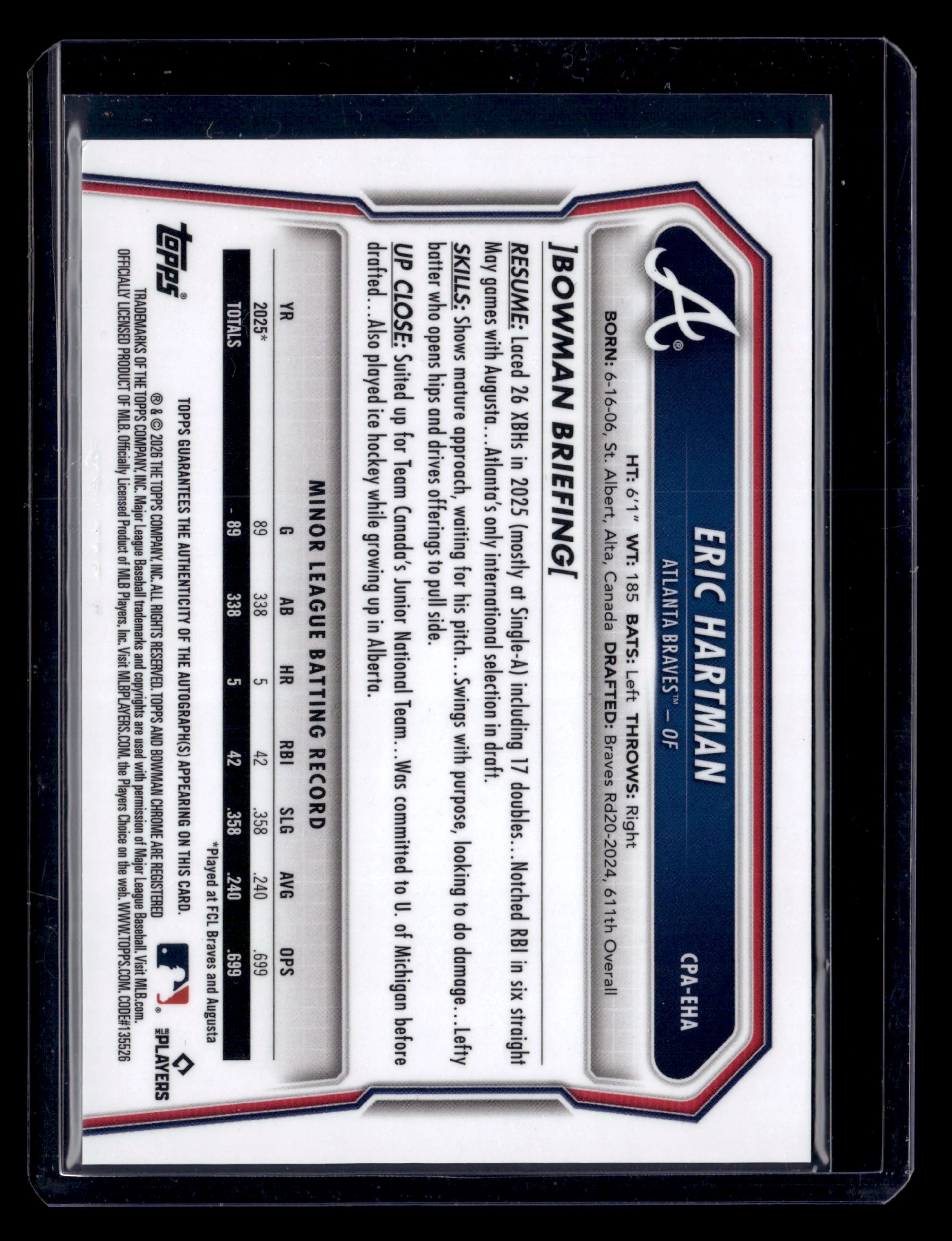 2026 Bowman #CPA-EHA Eric Hartman Chrome Prospect Autographs - Image 2